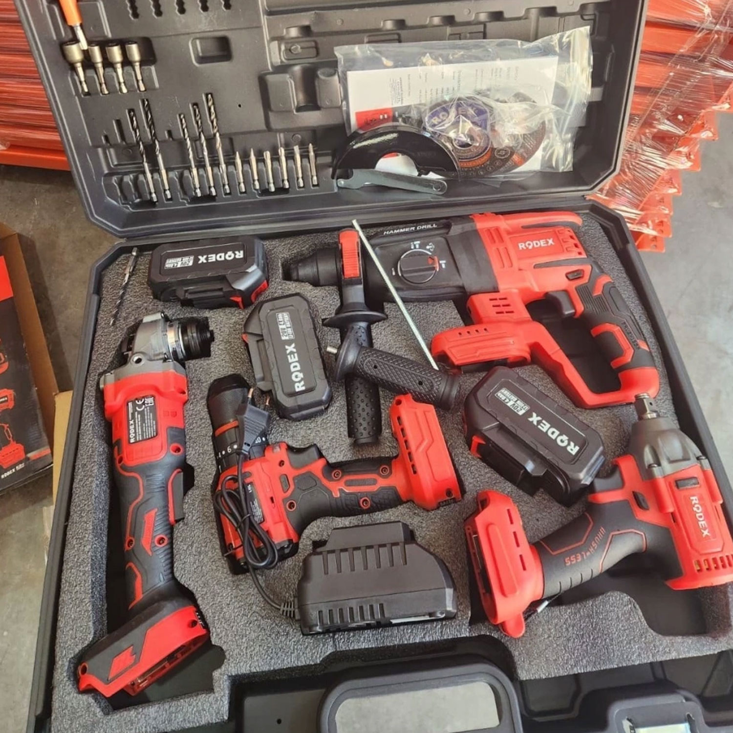 Rodex 20V Akülü 4’lü Şarjlı Matkap Seti Darbeli Matkap, Vidalama, Somun Sıkma ve Taşlama Makinesi