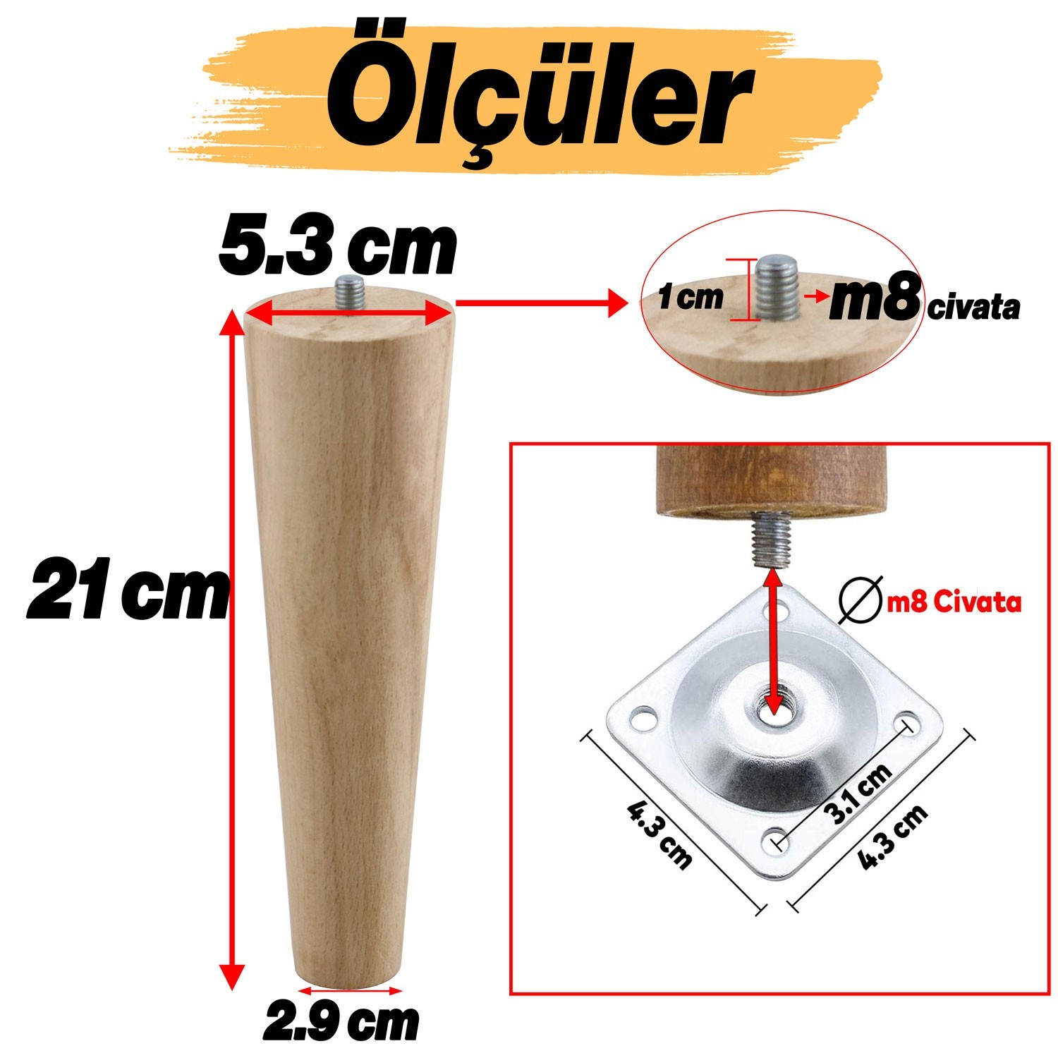 Ahşap 21 cm Ahşap Ayak Bağlantı Aparatlı Mobilya Koltuk Kanepe Sehpa Masa Ayağı Ayakları M8 Civatalı