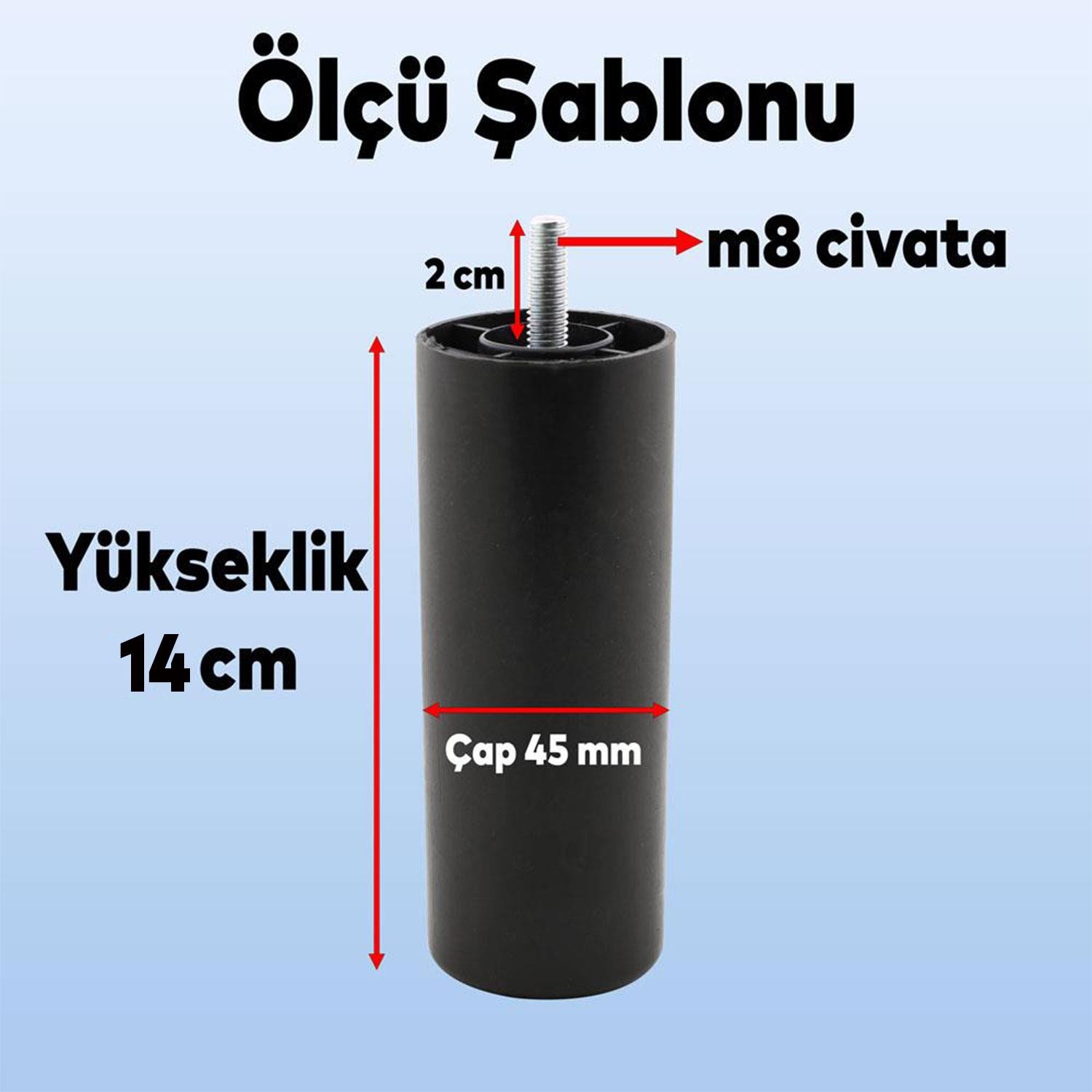 Mobilya Kanepe Koltuk Baza Yükseltme M8 Civatalı İnce Diş Destek Ayağı Ayakları Siyah 14 cm 4 Adet