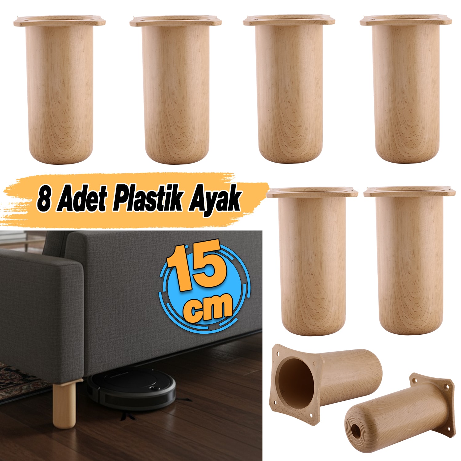 ( 8 Adet ) Plastik Liva Kayın Beji 15 cm Mobilya Kanepe Koltuk Yatak Baza Yükseltme Ayağı Ayakları