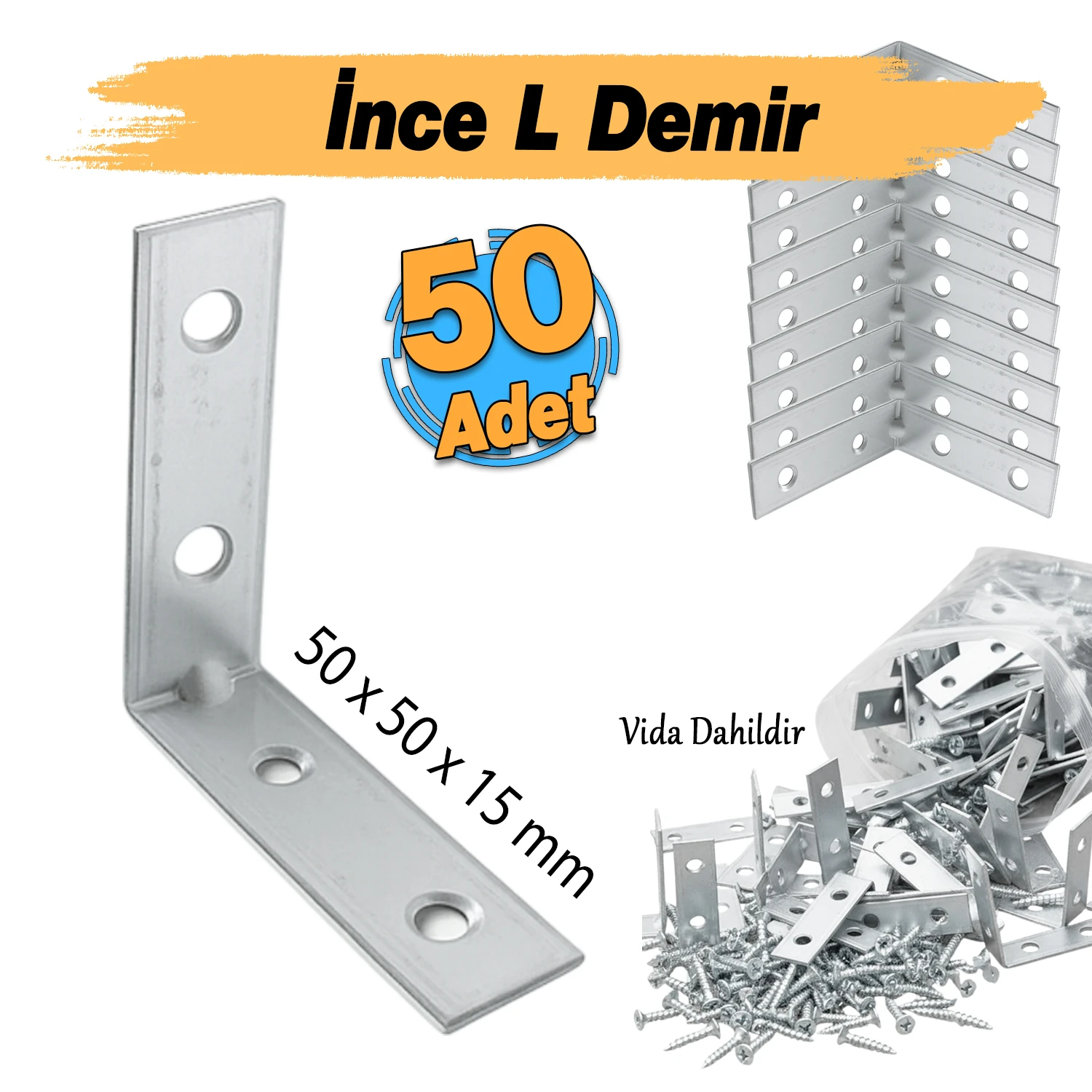 (50 ADET) Metal Köşebent 50x50x15 mm İnce L Demiri Gönye Mobilya Duvar Sabitleme Bağlantı Aparatı
