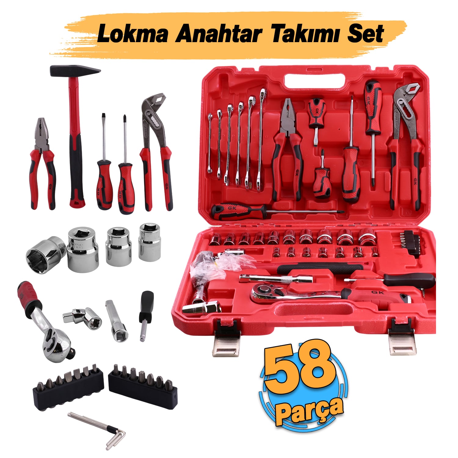 Lokma Anahtar Takımı 58 Parça Pense Tornavida Seti 1/2 3/8 1/4 Yıldız Tork Düz Set Bits Uç Allen Set