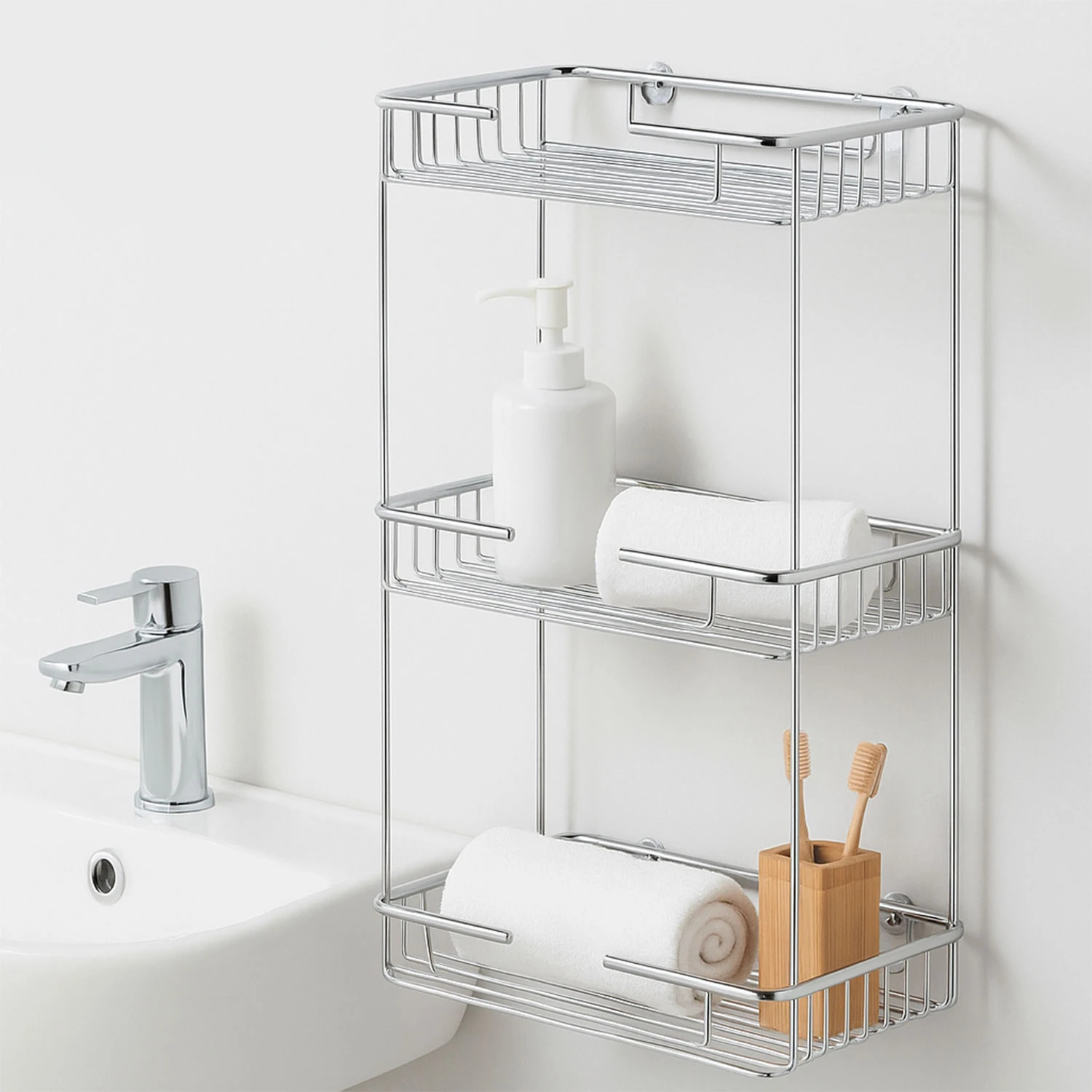 Banyo Duş Köşe Rafı Üç Katlı Kare Şampuanlık Krom Paslanmaz Metal Düzenleyici Raf Sistemi 50 cm