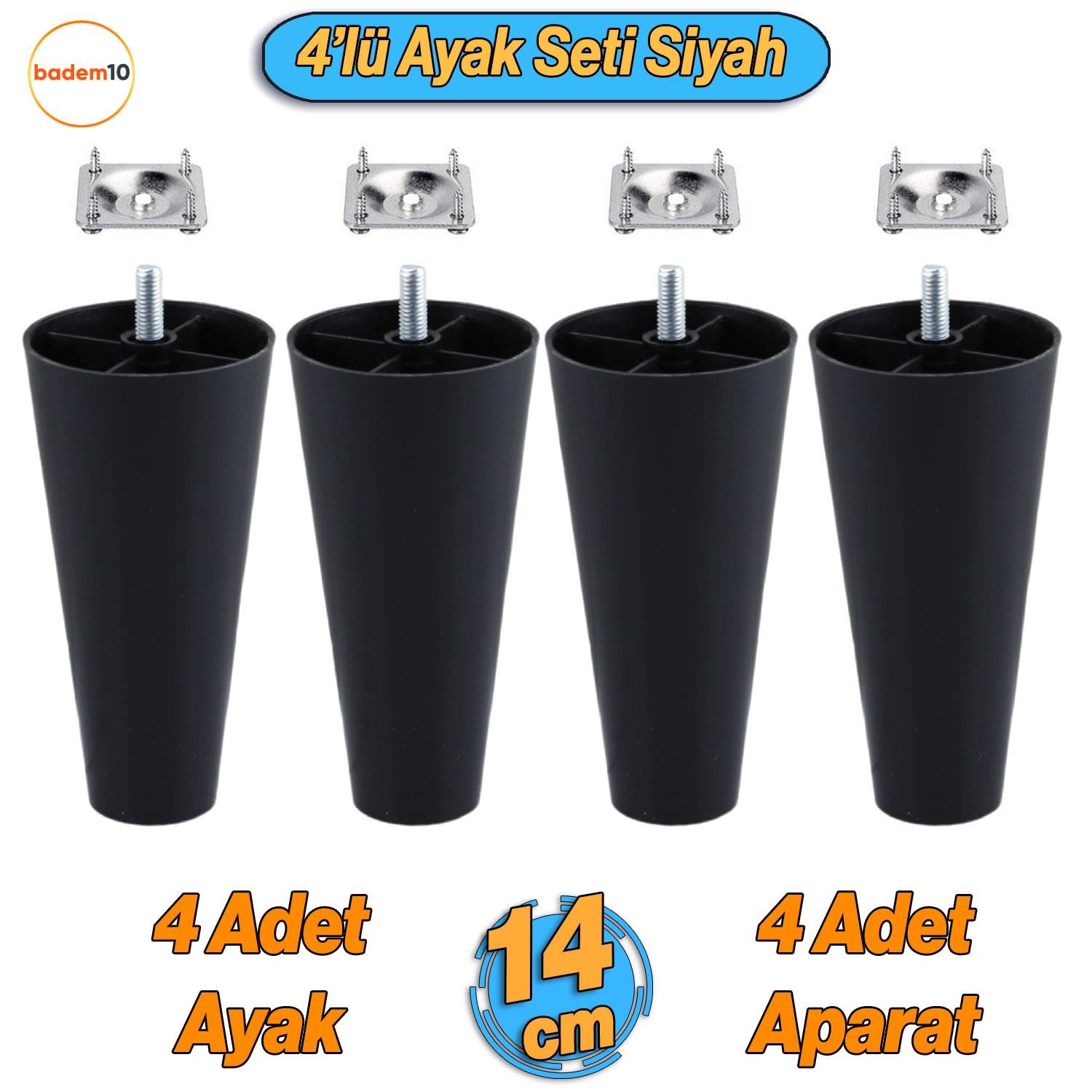 4 Adet Plastik Ayak 14 cm Mobilya Sehpa Kanepe Ünite Koltuk Ayağı Baza Ayakları Siyah Aparat Dahil