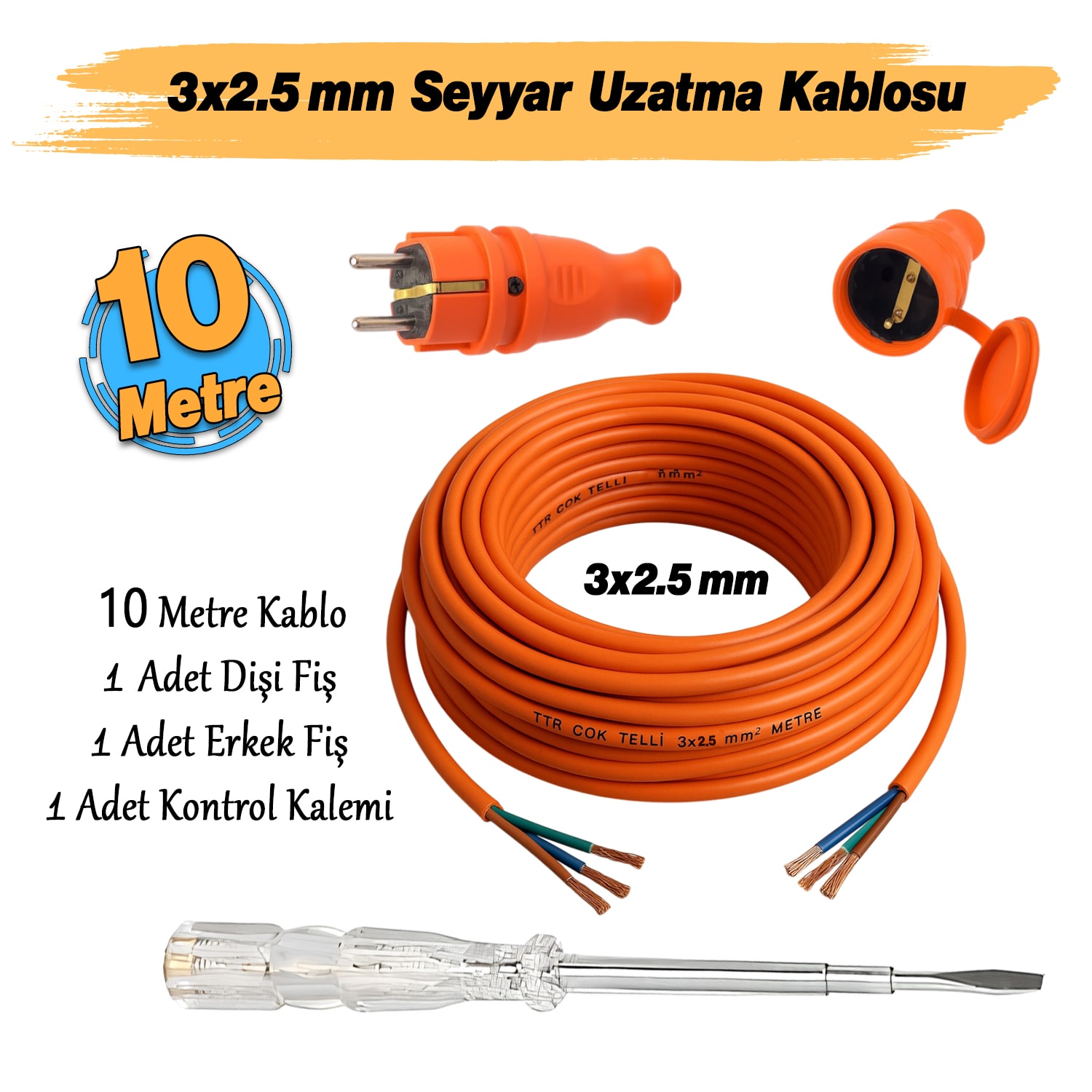 Seyyar 10 Metre Uzatma Kablosu TTR CCA Çok Telli 3x2.5 mm Elektrik Kablo Kontrol Kalem Dişi Erkek Fiş