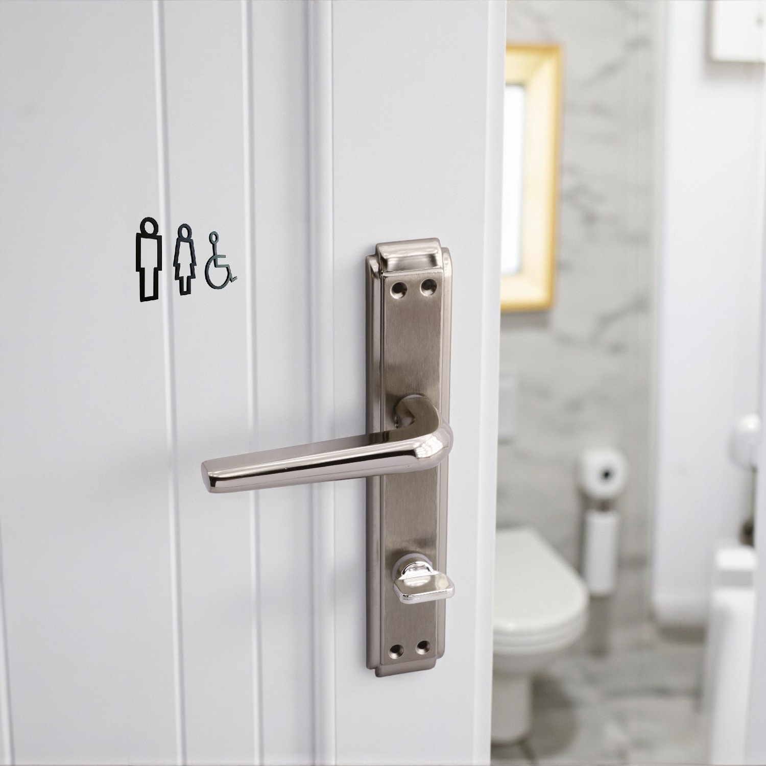 WC Banyo İç Kapı 1 Takım Kendinden Kilitli Kol Kolu Aynalı Sağa Sola Uygun Nikel Saten Metal Tutamak