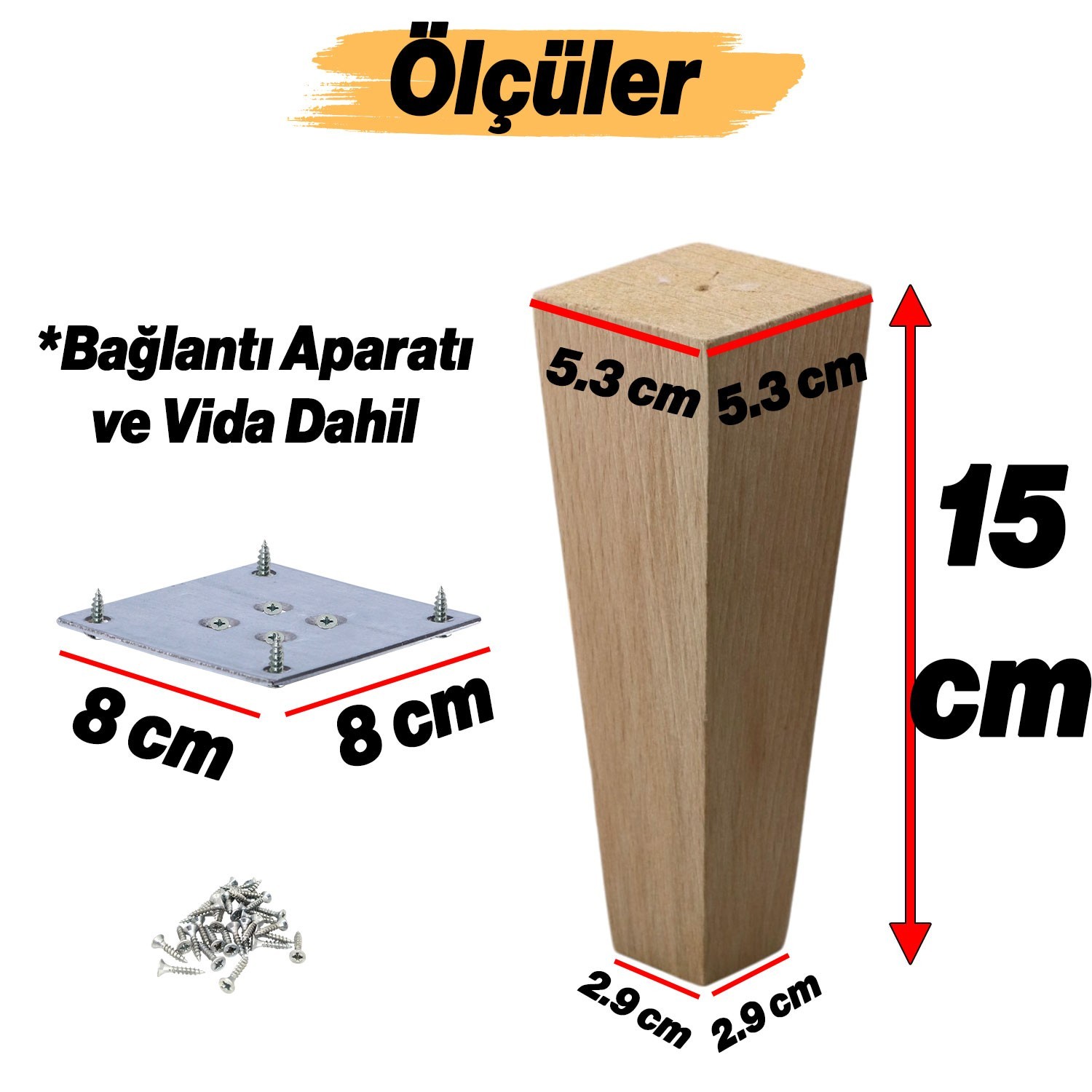 Ahşap Ayak 4 Adet 15 cm Kare Bağlantı Aparatı Dahil Mobilya Koltuk Kanepe Sehpa Masa Ayağı Ayakları