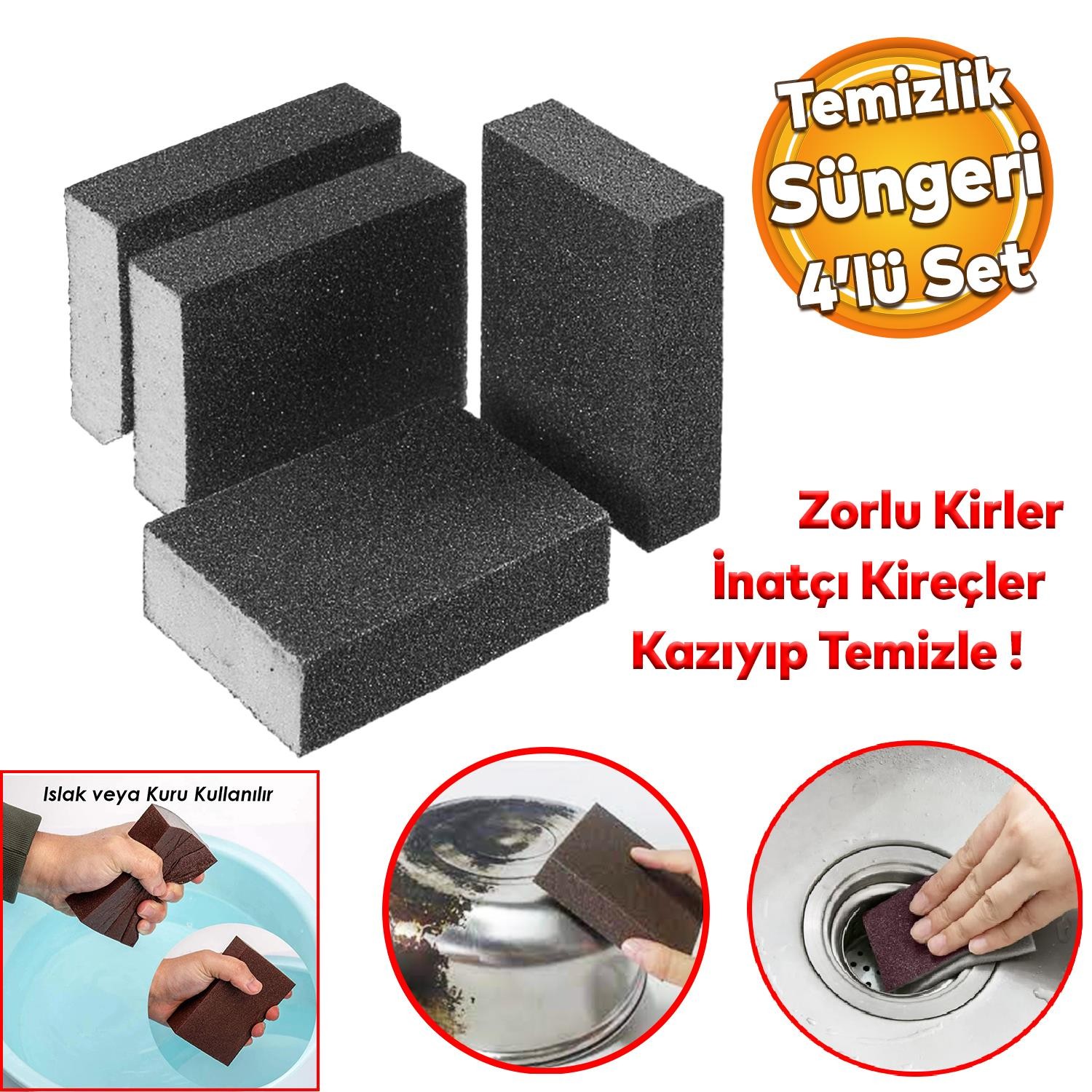 Banyo Wc Lavabo Taşı Mutfak Evye Musluk Kireç Yağ Kir Kazıma Temizleme Islak Kuru Sünger 4'Lü SET