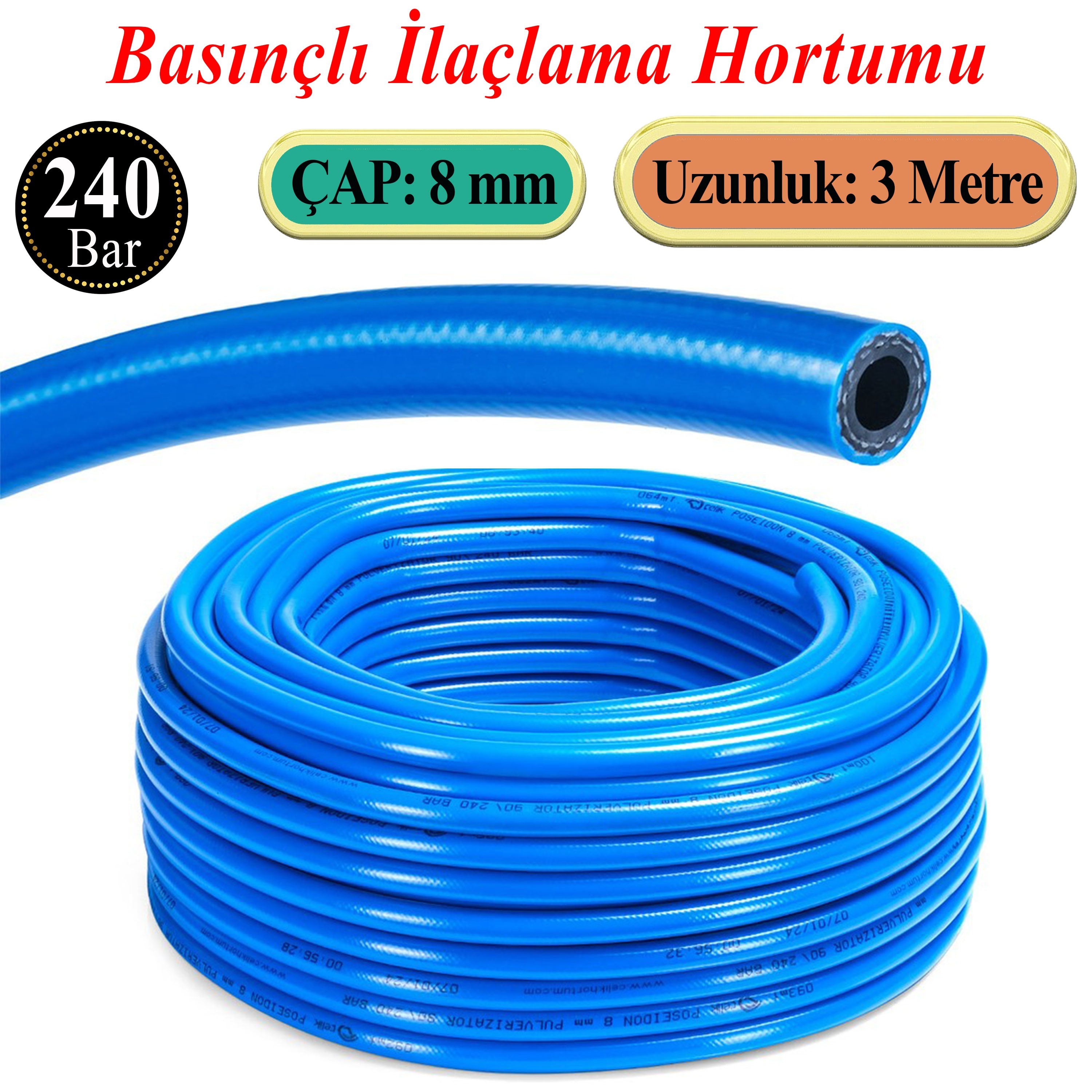 Basınçlı İlaçlama Hortumu 240 Bar 8 mm 3 Metre Ağaç Bitki Yaprak Sebze Meyve Tarım Ziraat Hortum