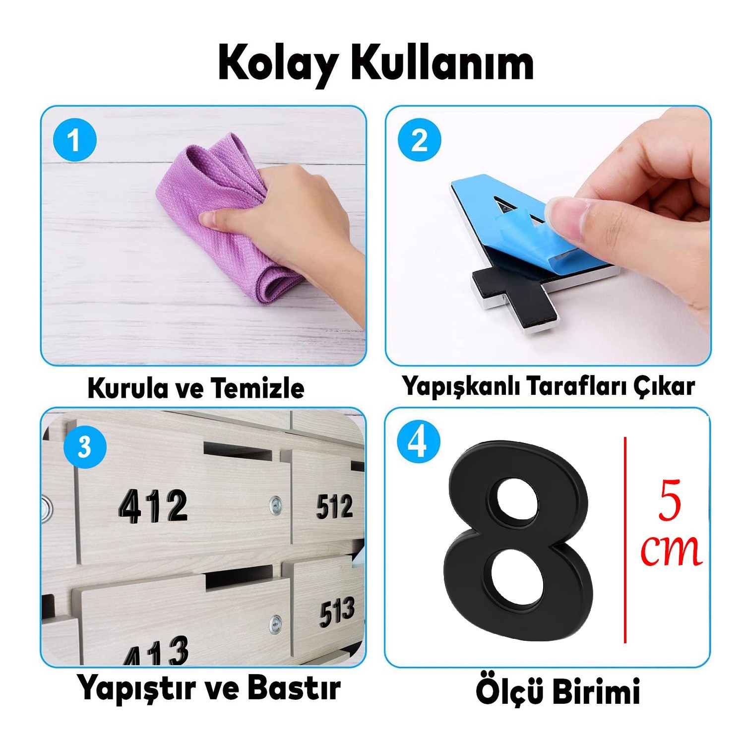 Yapışkanlı Kapı Numarası Küçük Boy 50 mm 5 cm Numara 8 Rakam Sekiz Sayı Siyah Renk Numaralar 1 Adet