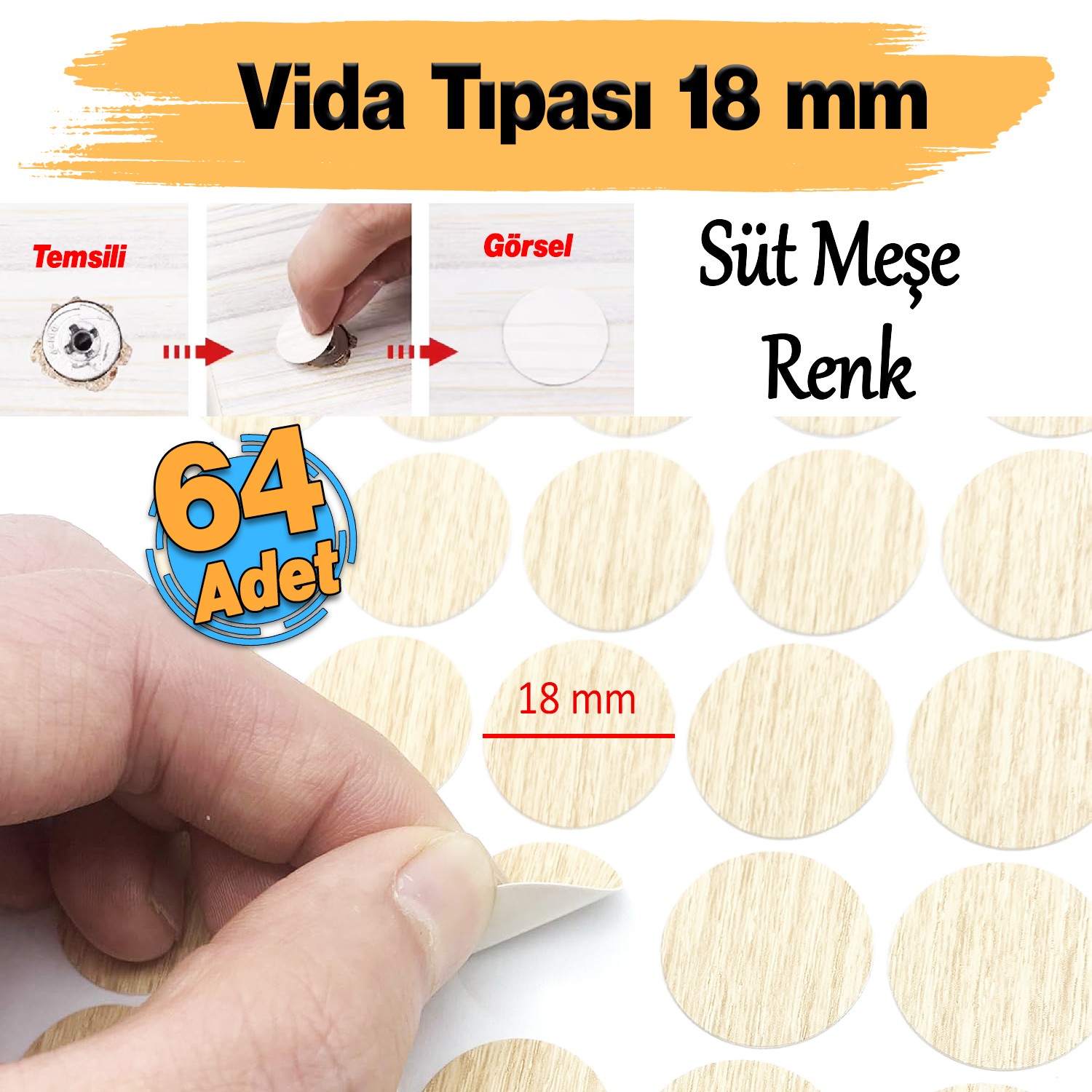 Yapışkanlı Vida Tapası Tıpası 1.8 cm (64 Adet) Süt Meşe Rengi Mobilya Delik Deliği Kapatıcı