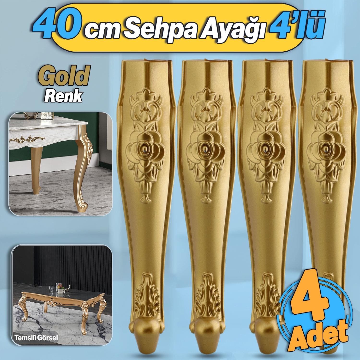 Rosa 4 Adet Plastik Sehpa Ayağı 40 cm Gold Altın Renk Orta Ayak Zigon Sehpa Mobilya Masa Ayakları