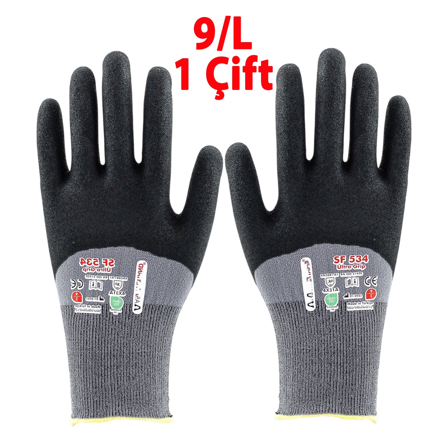 Dayanıklı Ultra Grip Nitril Kaplı İş Eldiveni 9 L Beden Kaymaz Sanayi Tipi Usta Güvenlik Koruyucu