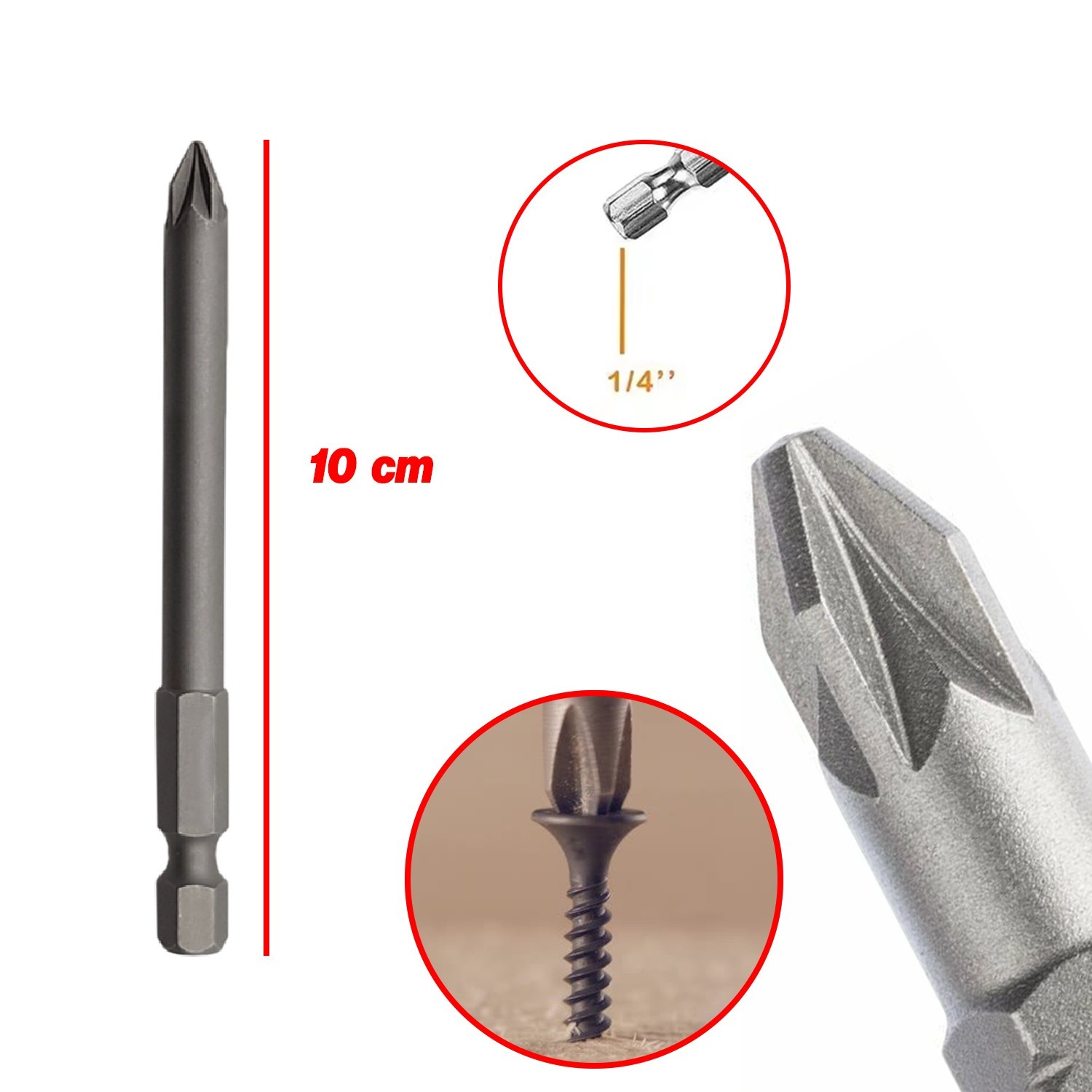 Mıknatıslı Pozidriv Bits Uç PZ2 100 mm 10'lu Set Kutulu Manyetik 1/4" Matkap Ucu 10 cm