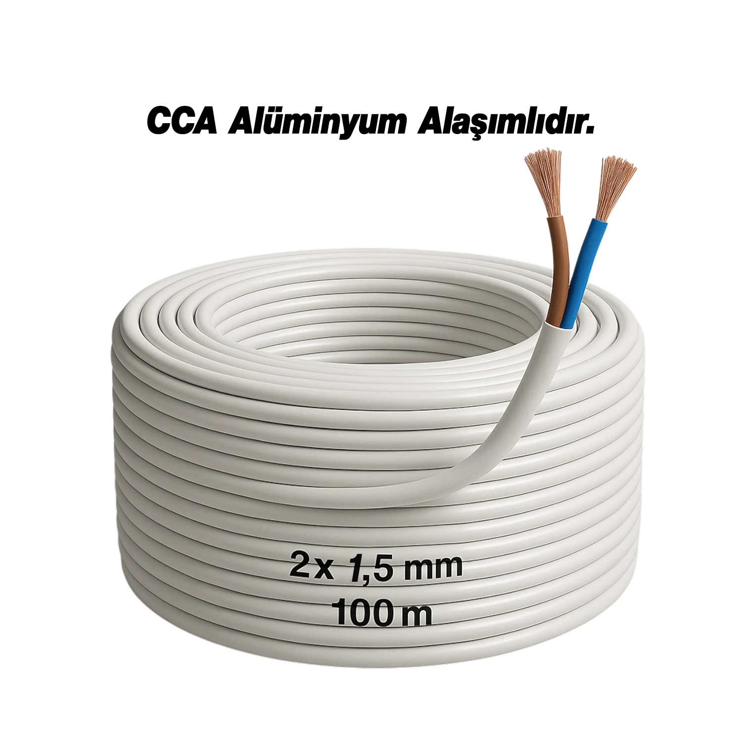 CCA Çok Telli Kablo 2x1.5 mm 100 Metre Elektrik Kablosu Topraklama Yok Alüminyum Alışım Beyaz Renk