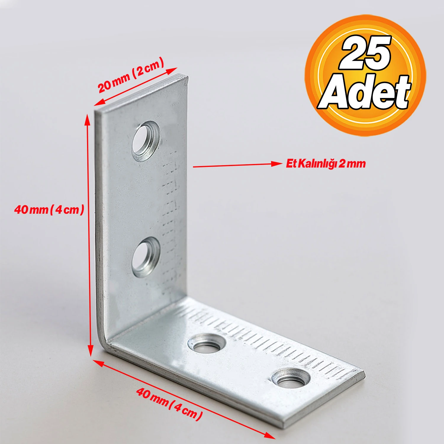 Metal L Demiri 20x40x40 mm (25 ADET)  Raf Köşe Sabitleme Aparatı Mobilya Bağlantı Destek Seti