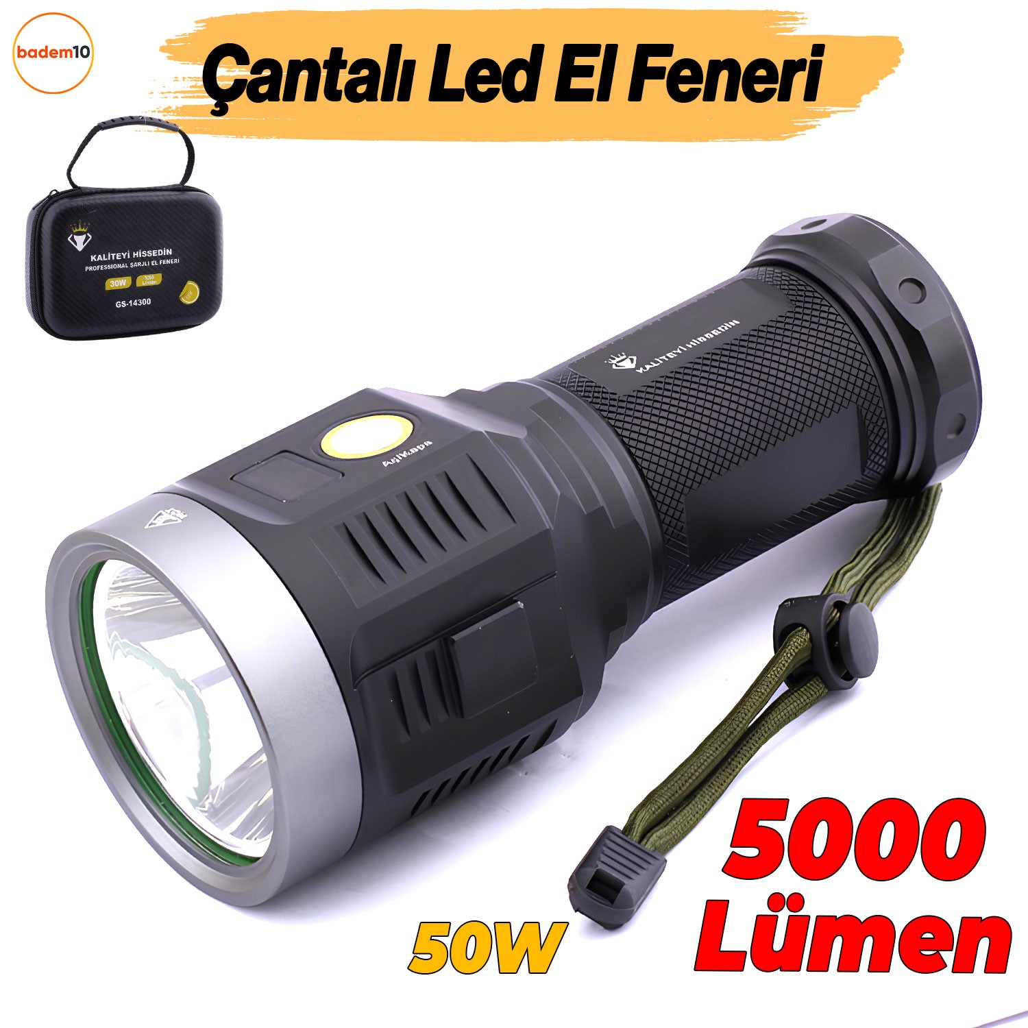 El Feneri Uzun Menzil 5000 Lümen 50W Li-ion 8000 mAh Şarjlı Powerbank Ledli Parlak Su Geçirmez Kamp