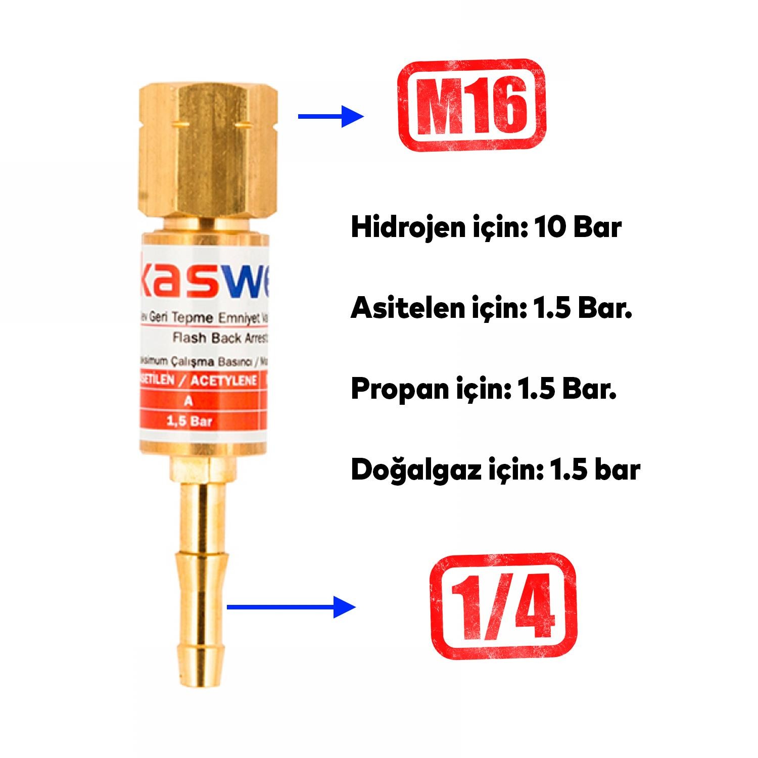 Kasweld Alev Geri Tepme Valfi Oksijen Kaynak 3005 A Gaz Asitelen Tüp Hamlaç Regülatör Lülesi M16 mm