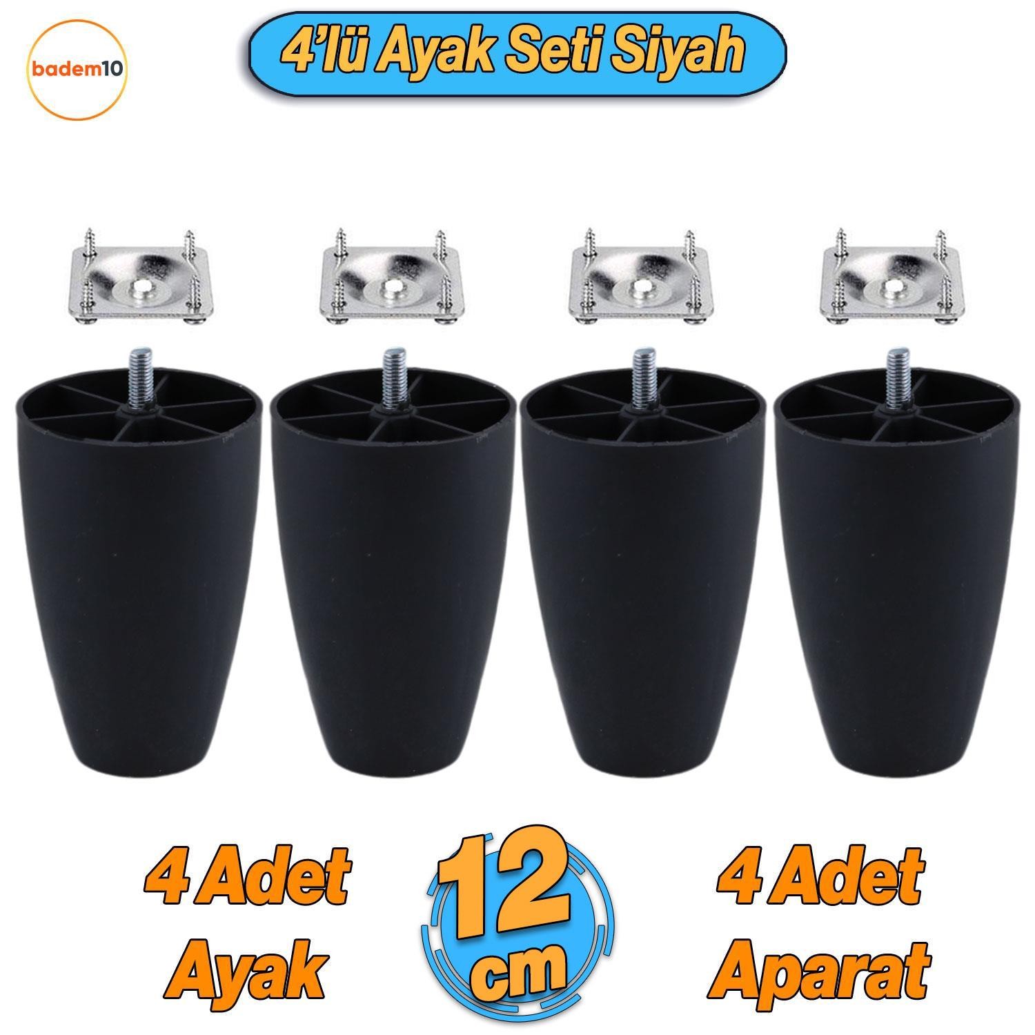 Oval 4 Adet Plastik Ayak 12 cm Siyah Mobilya Sehpa Kanepe Koltuk Ayağı Baza Ayakları Aparat Dahil