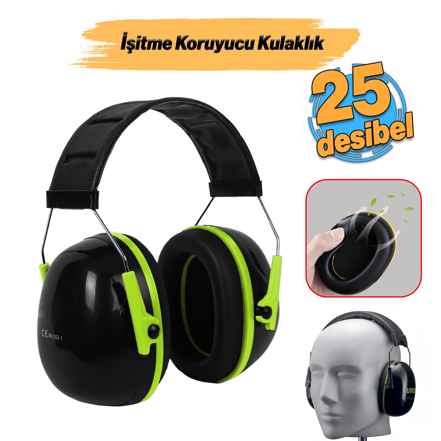 Manşonlu Kulaklık Siyah Yeşil Gürültü Önleme 25 dB Ses Koruma Kulak İşitme Koruyucu