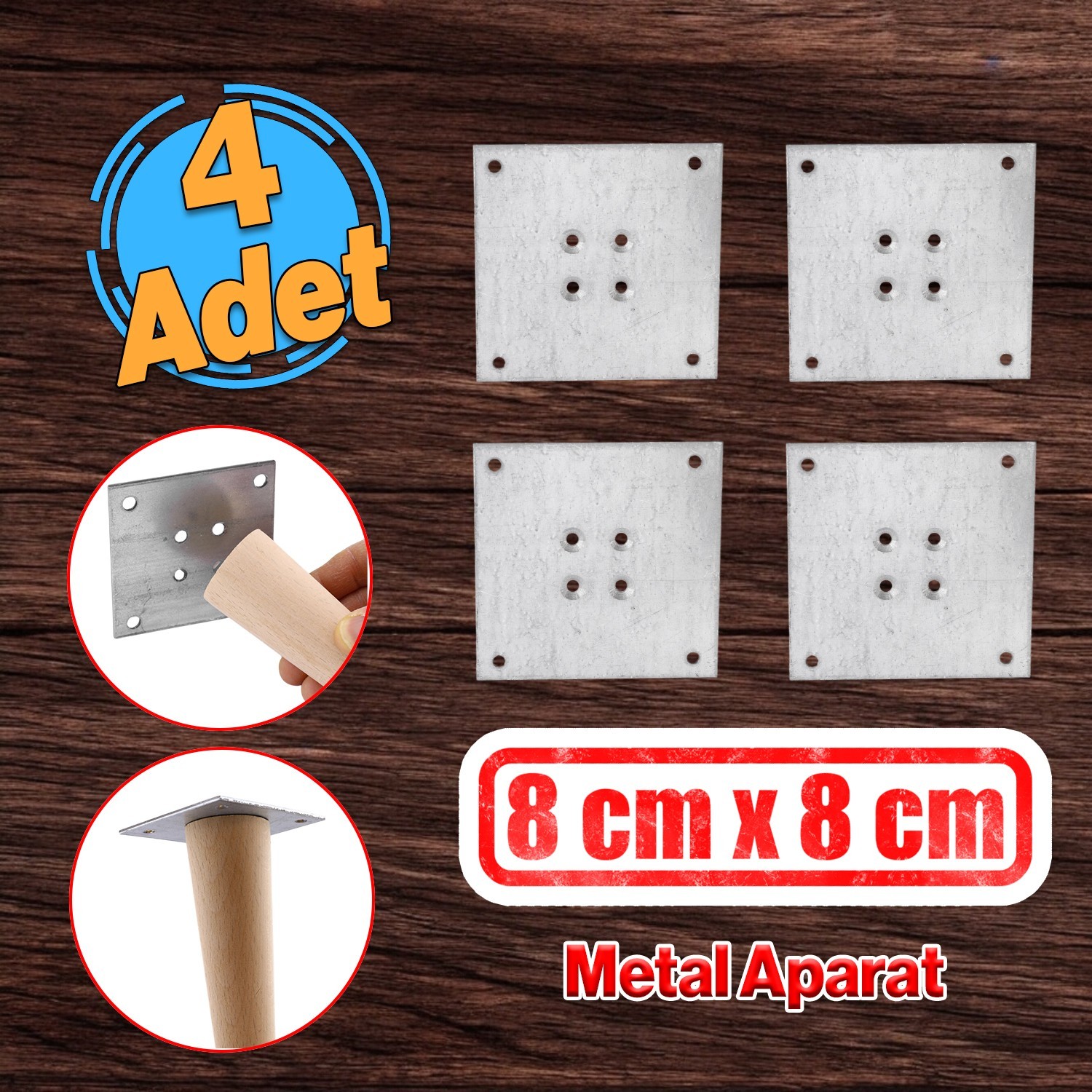 Metal Çinko Masa Bağlantı Sacı Düz 8 x 8 cm Mobilya Yemek Masası Ayak Bağlama Saçı Aparat 4 Adet