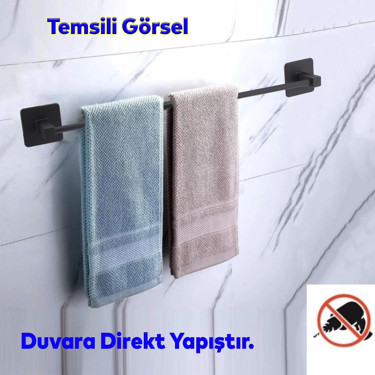 Yapışkanlı Lavabo Banyo Mutfak Havlu Standı Askısı Paslanmaz Metal Siyah Bez Havluluk Uzun 40 cm