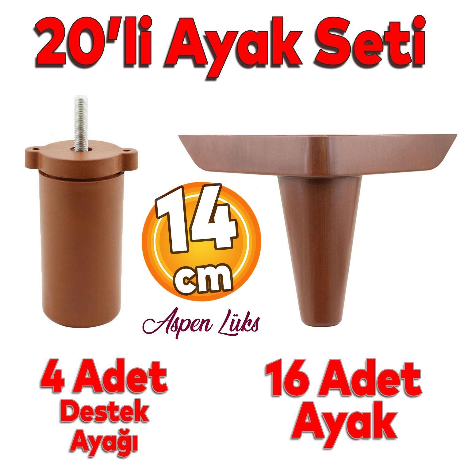 20'li Set Aspen Lüks Mobilya Koltuk Kanepe Tv Ünitesi Yükseltme Destek Ayağı 14 cm Kahve Ayakları