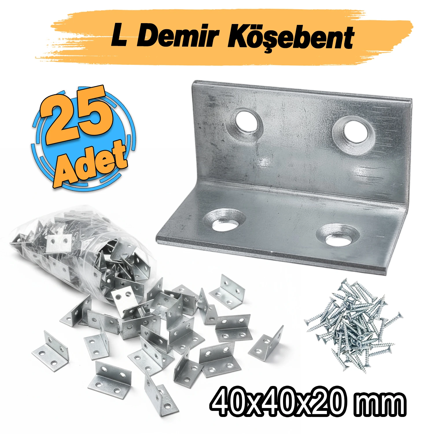 (25 ADET) Metal Köşebent 40x20x20 mm L Demiri Gönye Mobilya Dolap Duvar Sabitleme Bağlantı Aparatı