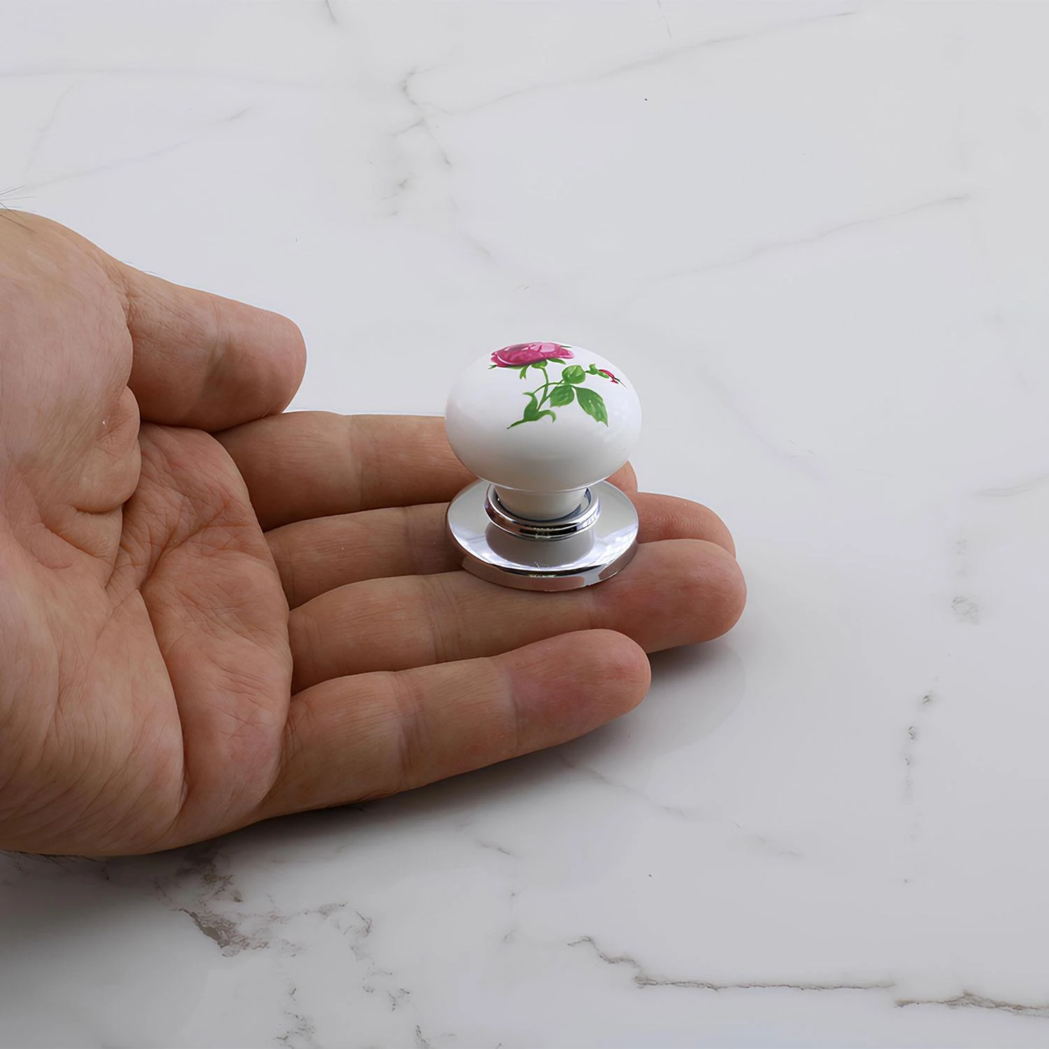 Polimer Düğme Kulp Gül Desenli Krom Tablalı Dolap Mobilya Mutfak Dolabı Çekmece Dolap Kulpu Kulbu