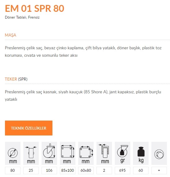 Emes EM01 SPR 80 Döner Tablalı Frensiz Teker 80 mm 60 Kg