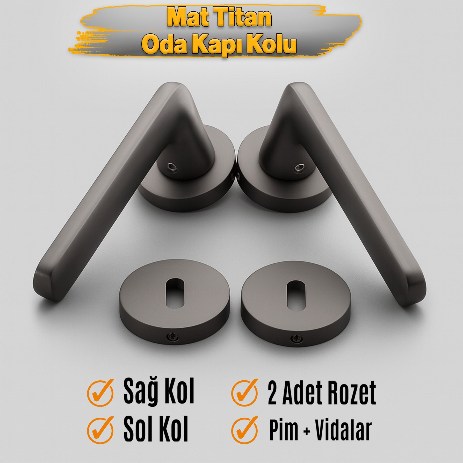 Mat Titan Oda Tipi Kapı Kolu Rozetli Sağ Sol Uygun Modern İç Kapı Kilitli 1 Takım