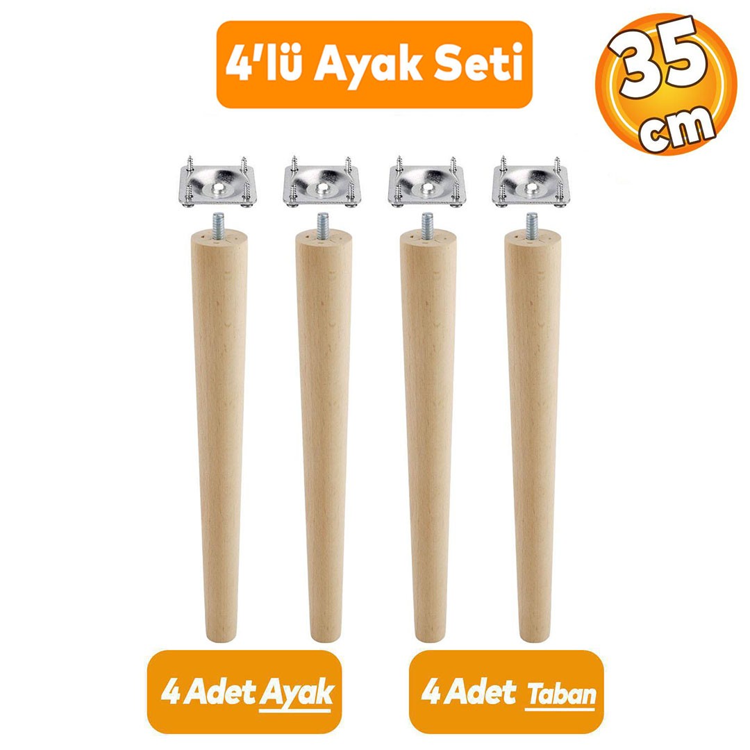 Ahşap Sehpa Masa Puf Tabure Tv Ünitesi Ayağı Ayakları M8 Civatalı 35 Cm Bağlantı Aparatlı 4'lü Set