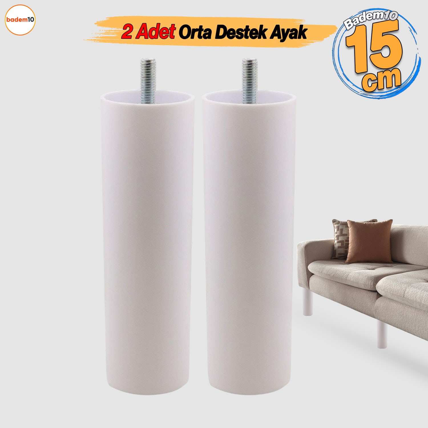 Destek Ayağı 2 ADET 15 cm Mobilya Kanepe Koltuk Baza Yükseltme Yükseltici M8 Civatalı Ayakları Beyaz