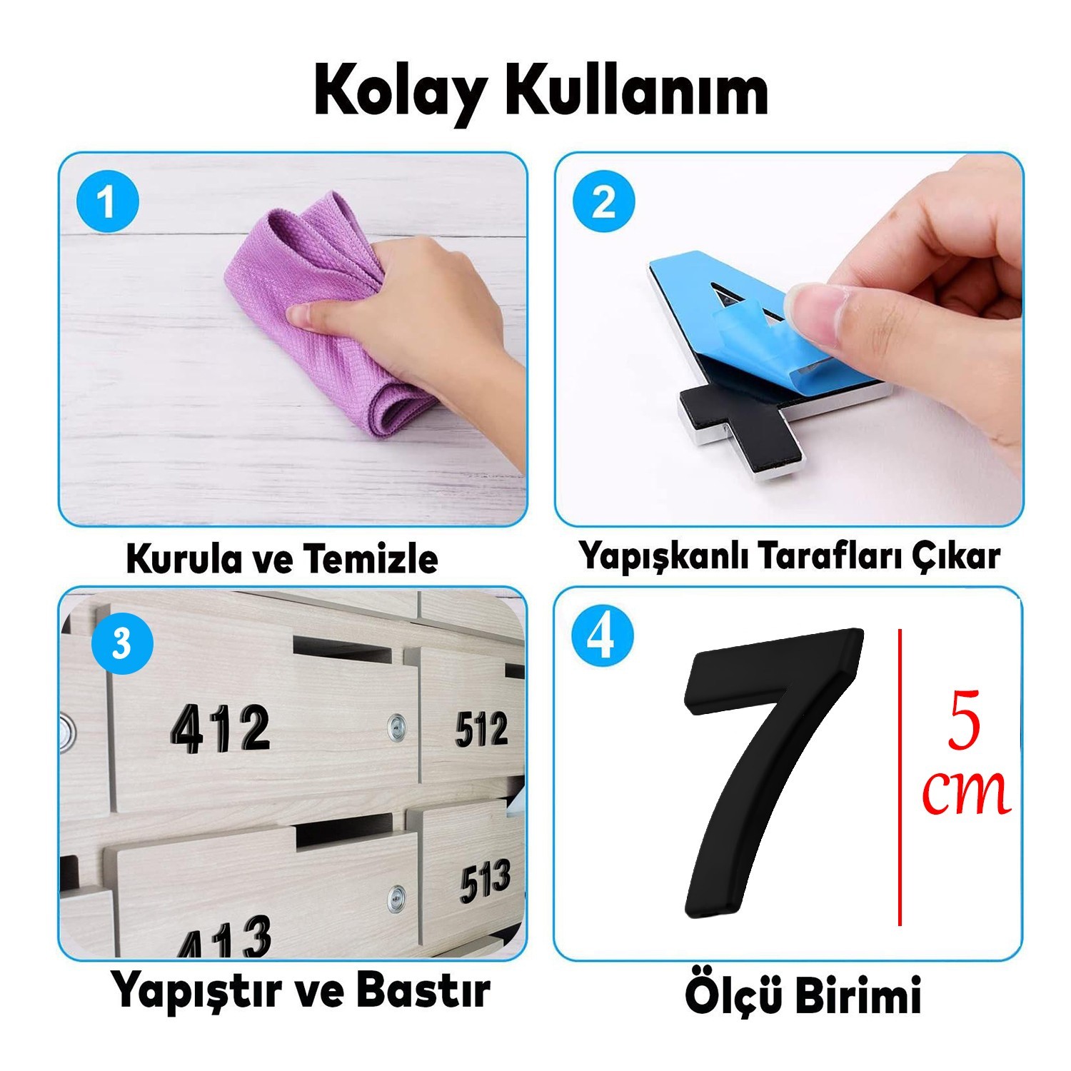 Yapışkanlı Kapı Numarası Küçük Boy 50 mm 5 cm Numara 7 Rakam Yedi Sayı Siyah Renk Numaralar 1 Adet