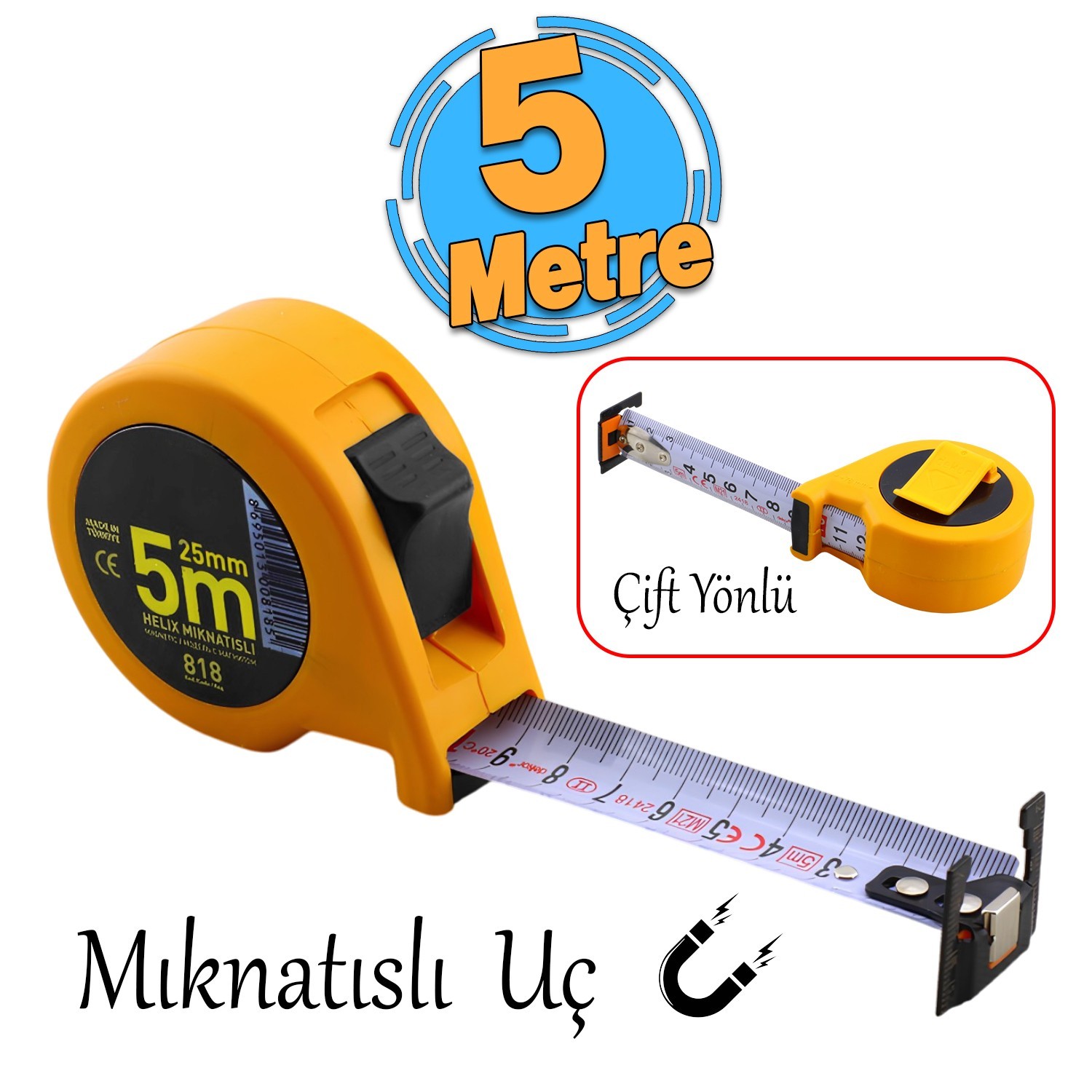 Mıknatıslı Helix Çift Taraflı Şerit Metal Metre 5 metre En 25 mm Ölçüm Ölçme Plastik Kasalı 1 Adet