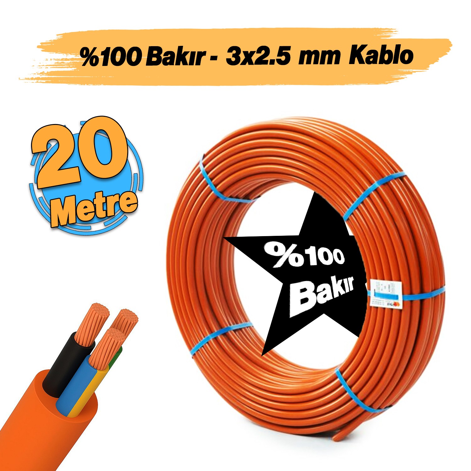 (20 Metre) %100 Bakır Çok Telli 3x2.5 mm Elektrik Kablosu Turuncu Elektrikli Araç Şarj Uygun Uyumlu