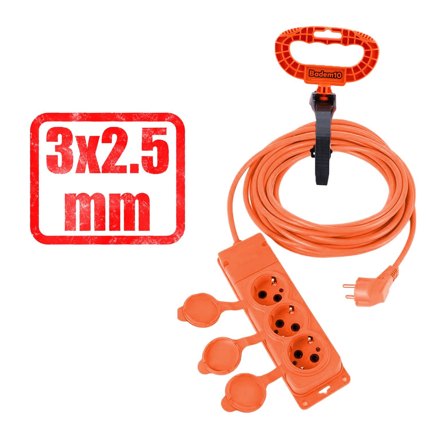 Bylion Monofaze Çoğaltıcı Seyyar Topraklı Kapaklı 3'lü Grup Priz Fiş 10 Metre CCA Uzatma Kablosu 3x2.5 mm