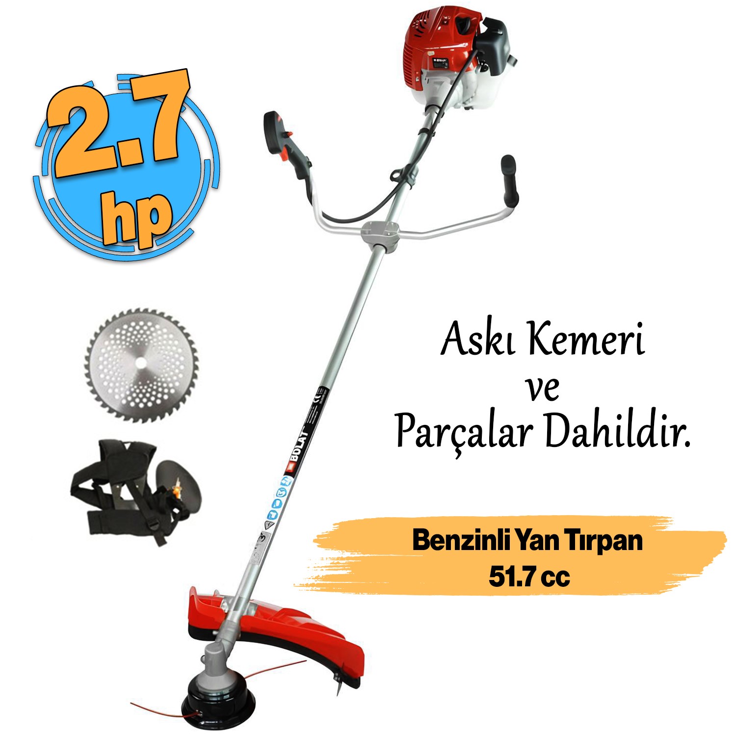 Bolat Benzinli BY520 Yan Tırpan Çim Biçme Testeresi 2.7 hp 51.7 cc Bisiklet Kollu Omuz Askılı Misina