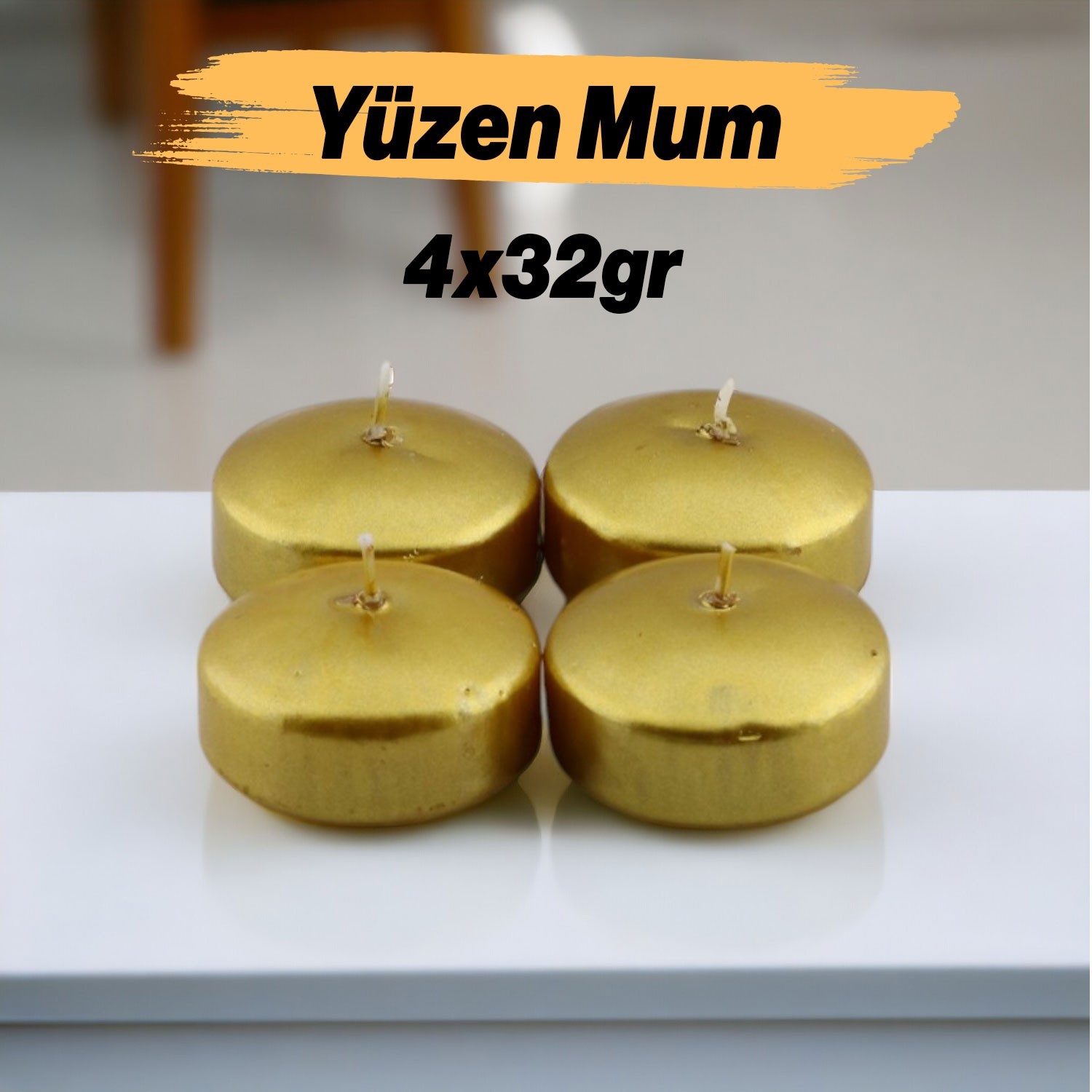 Yüzen Mum 4'lü Dekoratif Mumu Kandil Hediyelik Fitilli Mumluk Şamdan Metalik Boya Gold Altın