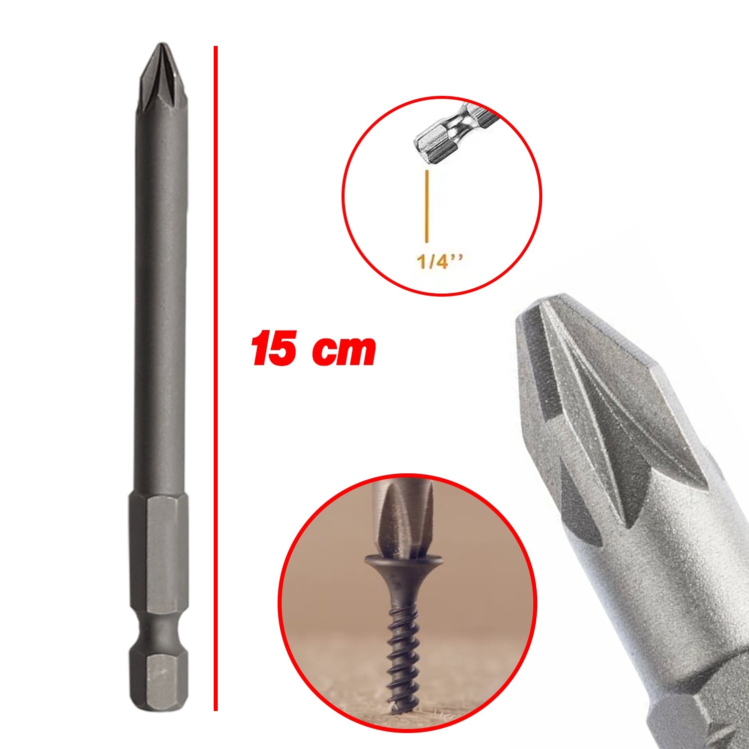 Mıknatıslı Pozidriv Bits Uç PZ2 150 mm 10'lu Set Kutulu Manyetik 1/4" Matkap Ucu 15 cm