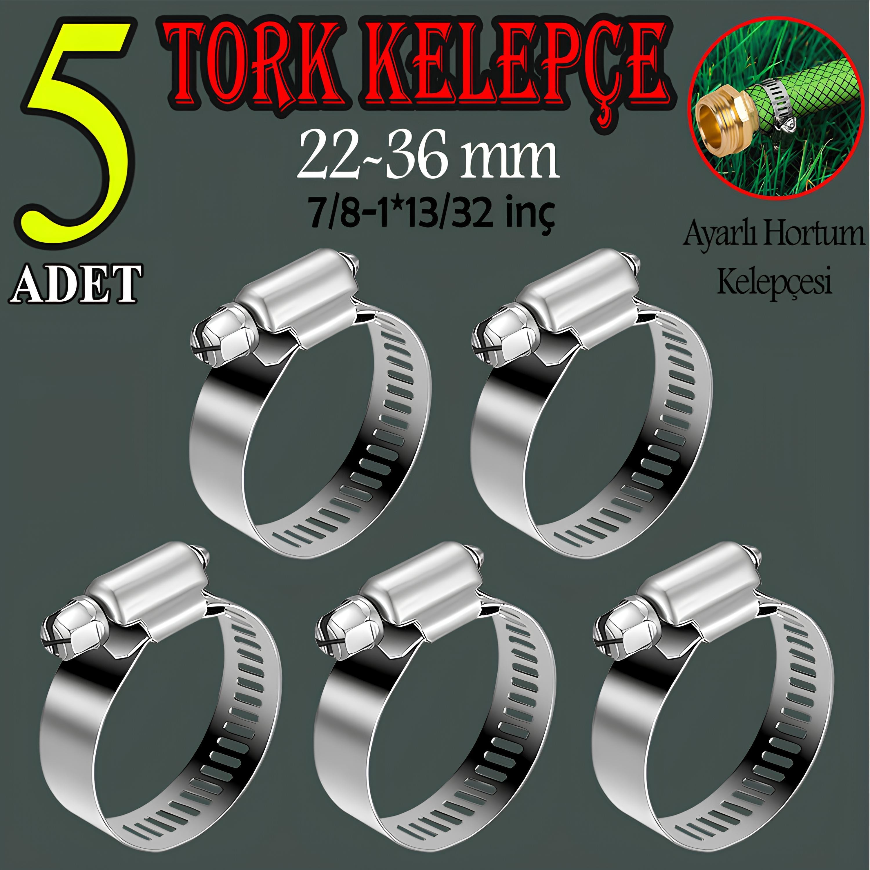 Hortum Kelepçesi Tork Ayarlı 22x36 mm Paslanmaz Çelik Boru Metal Kelepçe Ayarlanabilir klips 5 ADET