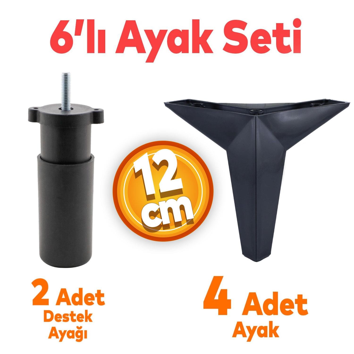 Kale 6'lı Set Mobilya Tv Ünitesi Koltuk Kanepe Destek Ayağı 12 Cm Siyah Baza Ayakları M8 Civatalı