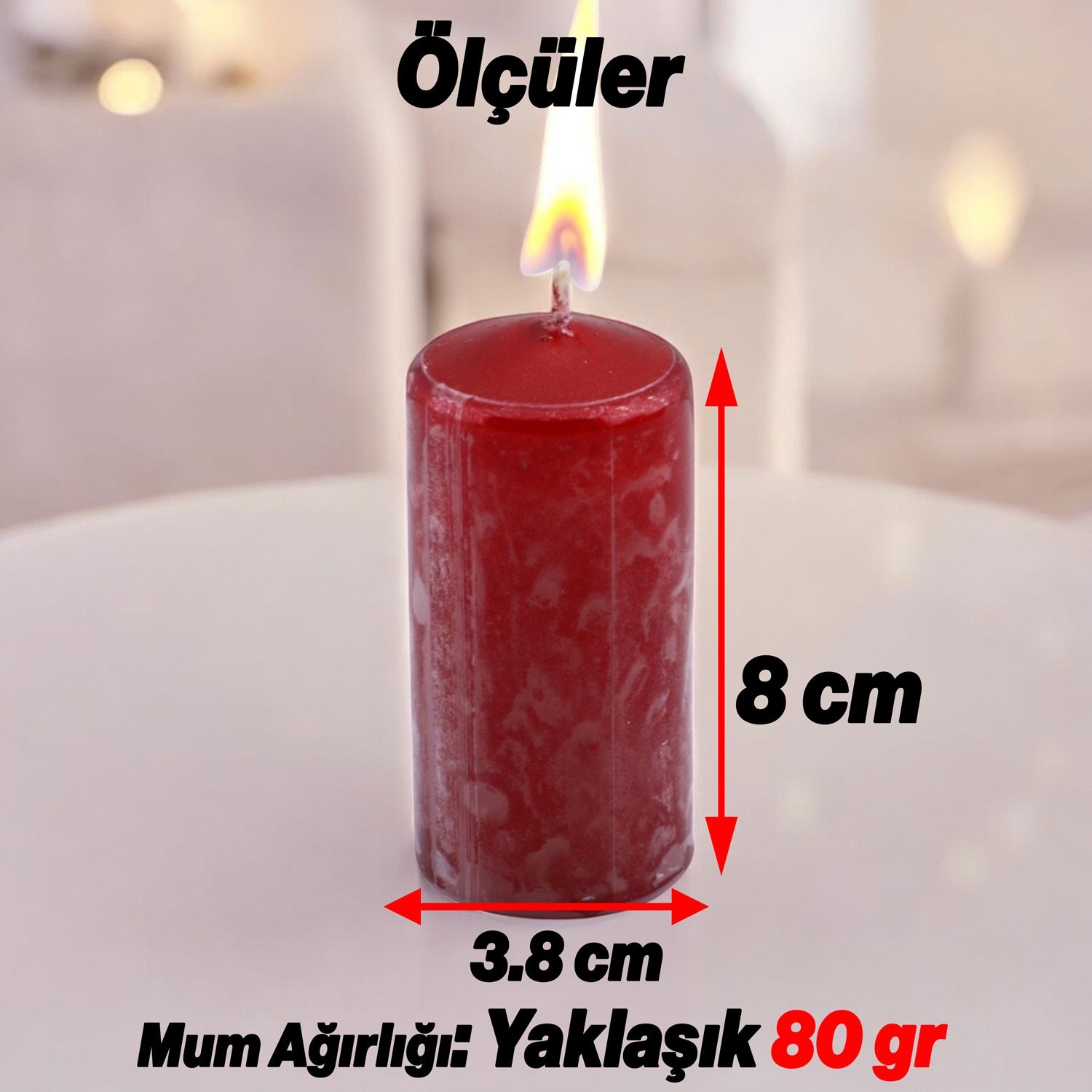 Baton Mum Metalik Kaplama Kırmızı Silindir Dekoratif Mumu Kandil Hediyelik Mumlar Şamdan Kokusuz 8cm