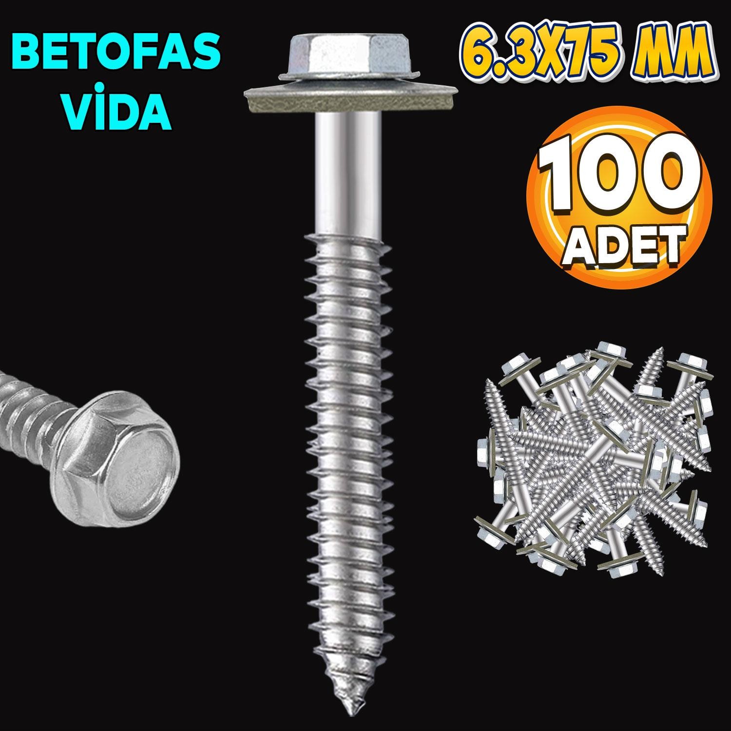 Betofast Vidası 6.3x75 mm Paket 100 ADET Sivri Uçlu Çatı Panel Beton Ağaç Vidası