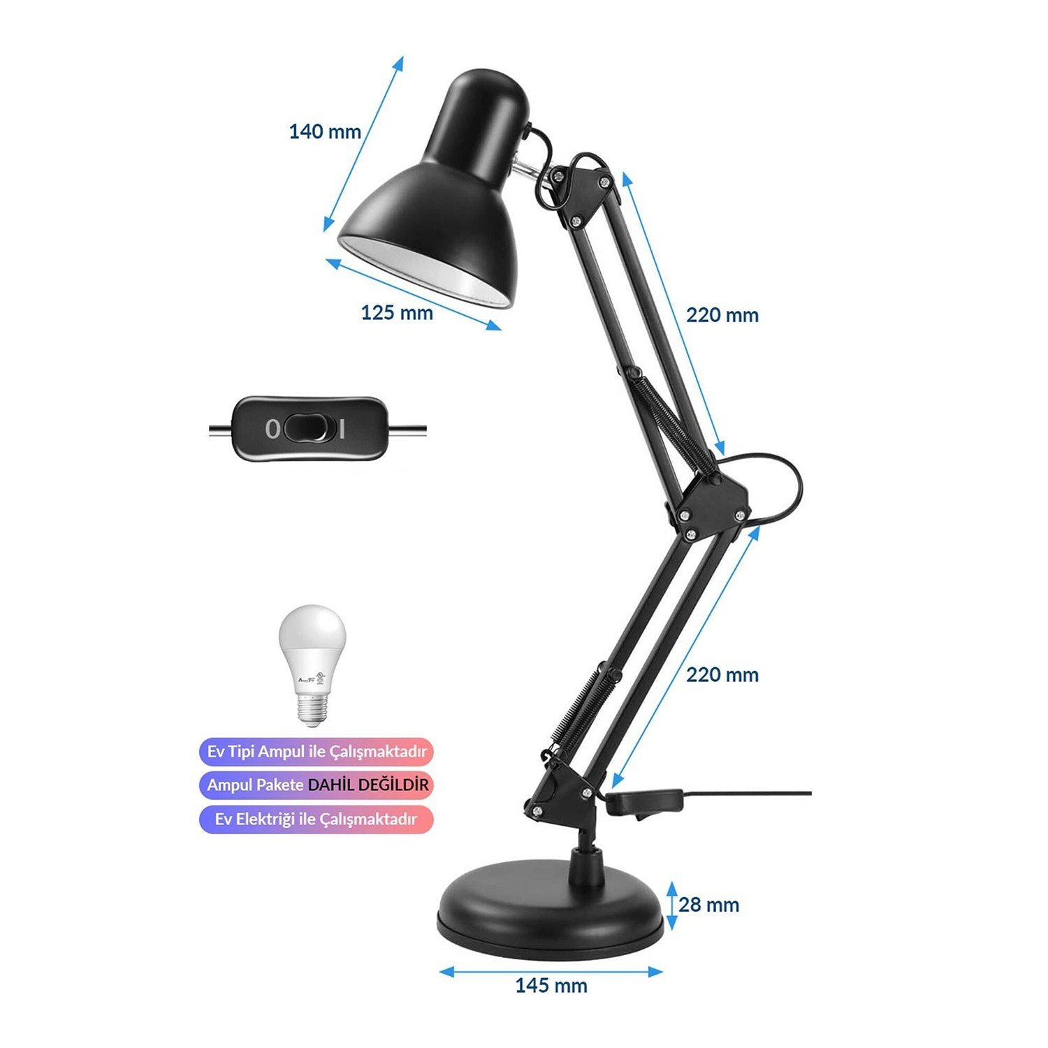 Akrobatik Masa Ders Çalışma Lambası 220 Volt Kablolu E27 Duy Siyah Renk 360° Hareketli Mafsallı 