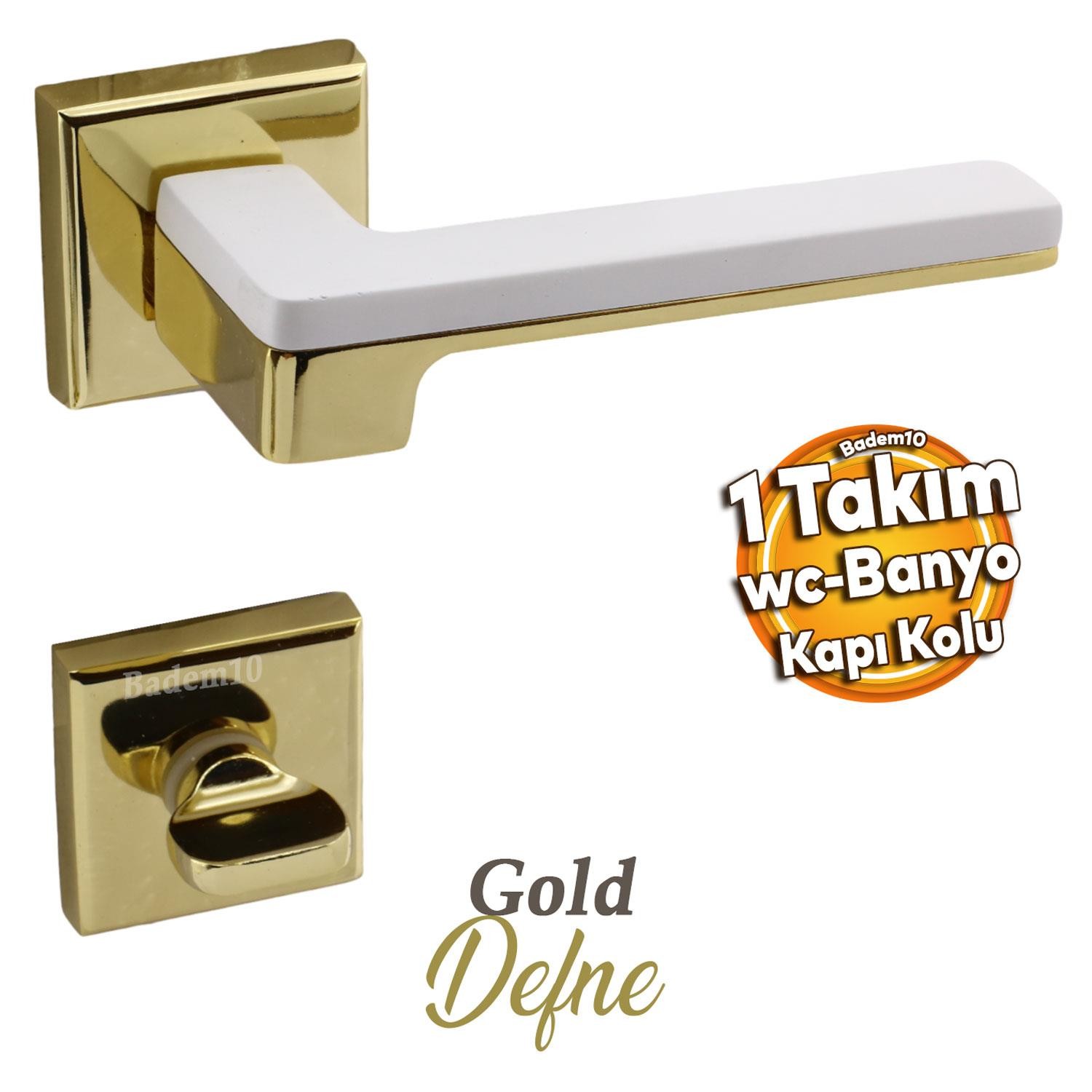 Defne Lüx Beyaz Gold Kare Rozetli Wc-Banyo Kapısı Uyumlu Kapı Kolu Sağ ve Sola Uygun Kolları 1 Takım