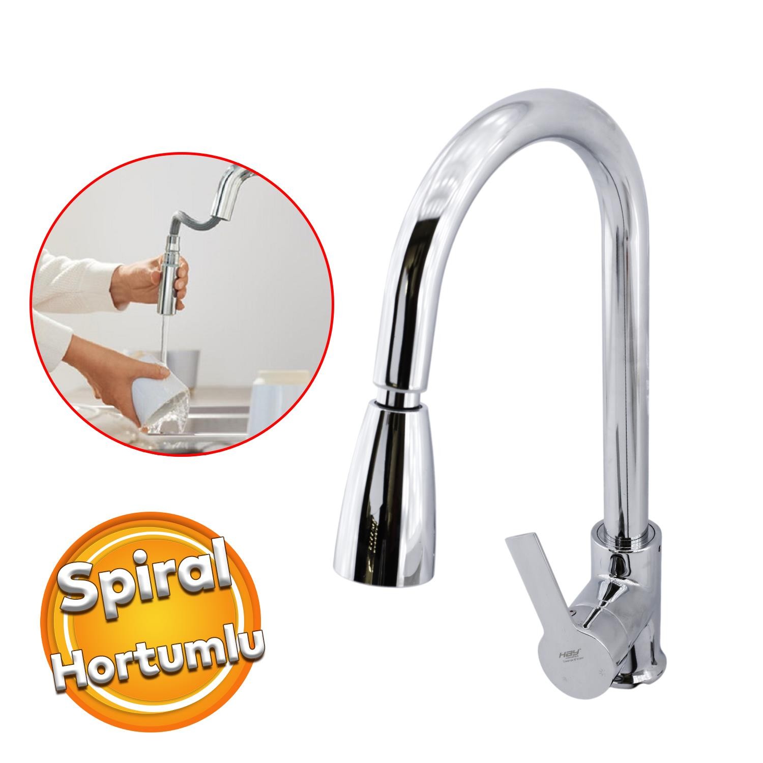 Mix Eyve Sıcak Soğuk Su Girişli Spiral Hortumlu Çeşme Banyo Lavabo Mutfak Musluğu Krom Bataryası