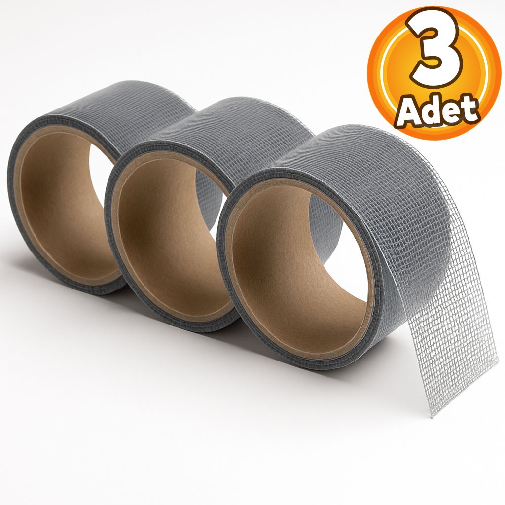 48 mm x 2 Metre (3 ADET) Yapışkanlı Sineklik Tülü Tamir Bandı Yaması Bantı Kopmuş Delik Fiber Tül Yapıştırma Gri