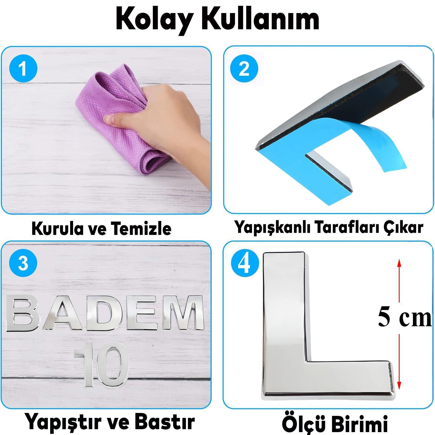 Harf Yapışkanlı L Harfi 5 cm Kapı Oda Posta Kutusu Oto Araç Harfi Yazısı Parlak Krom Gümüş 