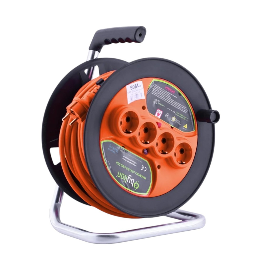 Bylion PMK-50325-F IP20 Plastik Makaralı Seyyar 4 Prizli Uzatma Kablosu 3x2.5 mm CCA Kablo 50 Metre Termal Sigorta